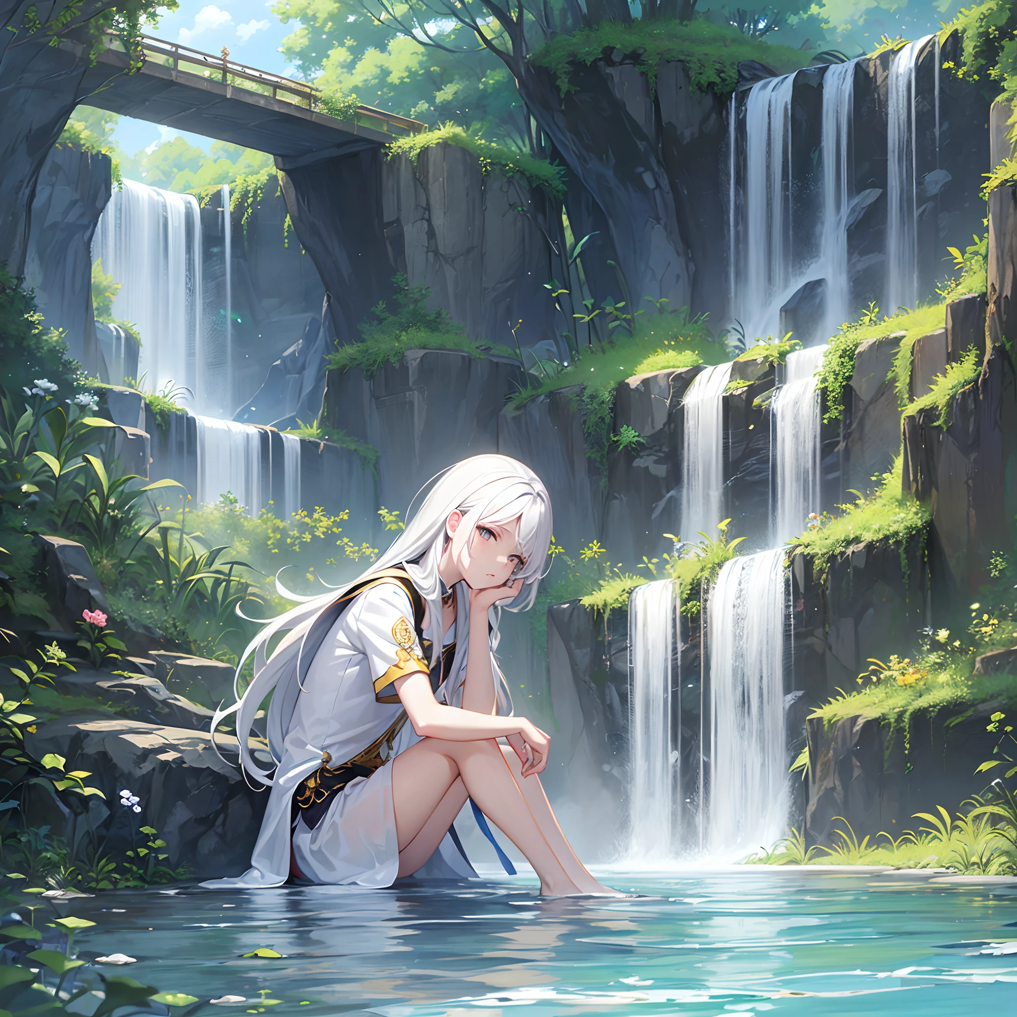 a white-haired boy,(Anime boys:1.2),(Sit on the water:1.1)A meditative,The water is calm,magnificent waterfalls,clear blue skies,Manhwa Style,HD graphics