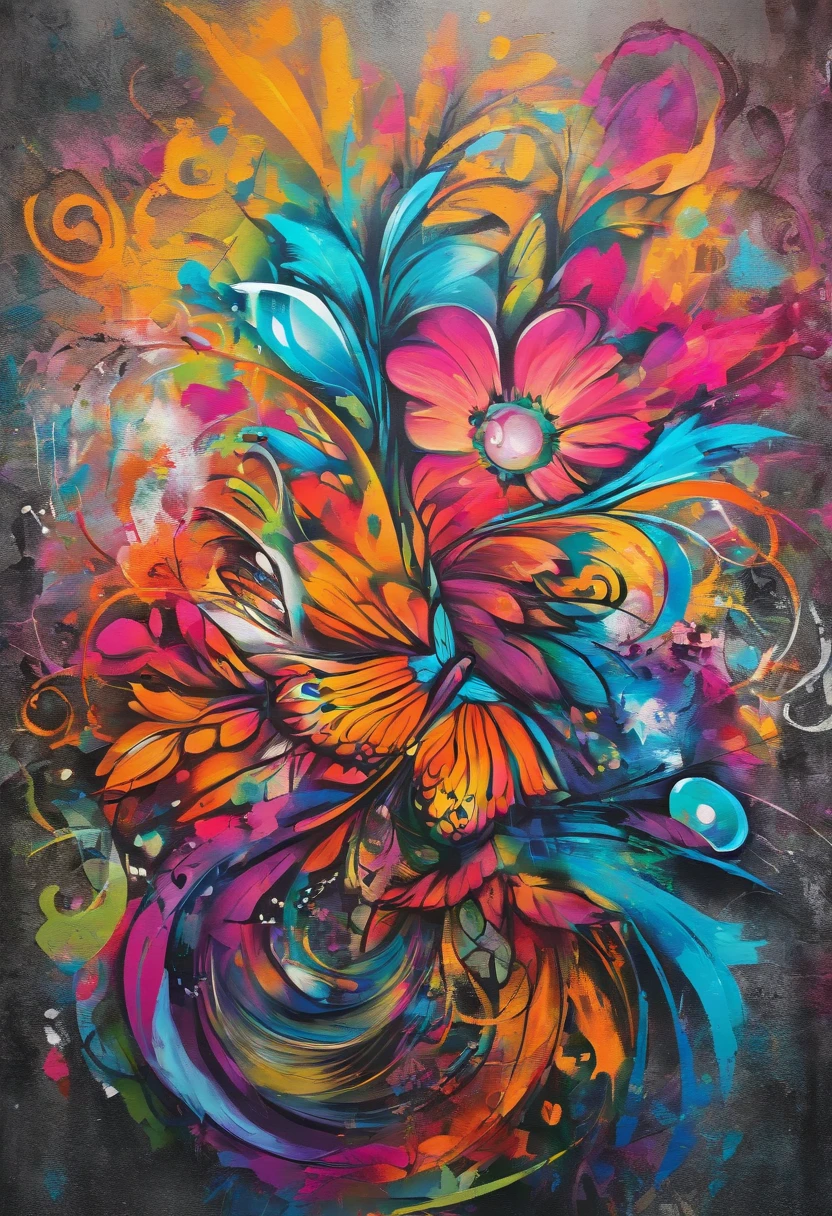 (best quality,4k,8k,Altas,master part:1.2),ultra-detalhado,(Realistic,fotorrealista,photo-realistic:1.37),caos, elegante, vivid colors,graffiti profissional, premio de melhor pintura,A arte de Anne Bachelier, Atmospheric, uma menina elegante, Borboletas, flores florescendo, Em Movimento, Dramatic, corpo inteiro, organic composition