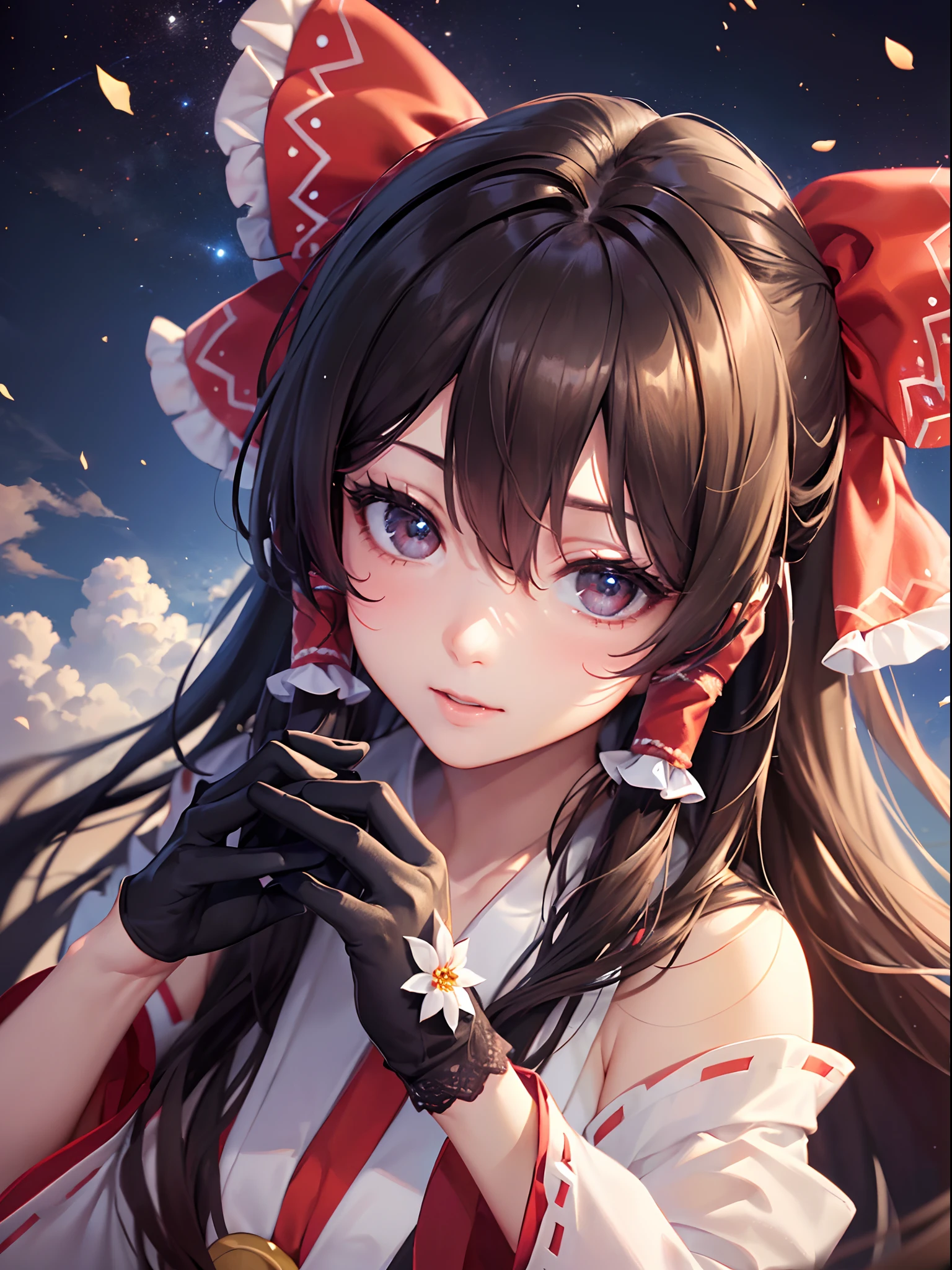 (((((a girl wearing lace gloves,)))))(((hakurei reimu,)))(((expressive hair,straight hair,supple hair,brown hair,brown eyes, nontraditional miko))),((1girl:1.1,Solo,))(Masterpiece,Best quality, offcial art, Beautiful and aesthetic:1.2),((超高分辨率,)) (16k),((from above,deep field:1.3)),((((hair ribbons,hair tubes,has a big cute bow in her hair,))))((Dynamic lighting,soft lighting,natural lighting,cinematic lighting,realistic lighting,mastpiece sidelighting)),(((rich background,)))(((micro shot,))))(dawn,)(((flying on the clouds,colourful clouds, soft clouds, light particles,))),((hypersurreal)),Physically-based rendering,automatic white balance),Amazing,Sharp focus,Natural background,detailed background, (((highdetailskin,high detailed eyes,)))Intricately detailed clothing,Slender,((breeze,blooming)),(masterpiece sidelighting),(The sheen),(((Delicate fingers and hands:0.65))::0.85))),(Detail fingers,perfect fingers,finely fingers,correct fingers),(((Superior photographic quality))),((unbelievable Ridiculous,))((extremely_Detailed_Eyes_and_face)),(Dynamic configuration: 1.2),Brilliant,Striking contrast,High saturation,Sony F and 24-105mm f / Use a Sony Alpha 4 mirrorless camera with 1G OSS lenses, reflector, (hyper realisitic:1.4),anatomically correct, textured skin, high details, high quality, super detail, award winning, highres,