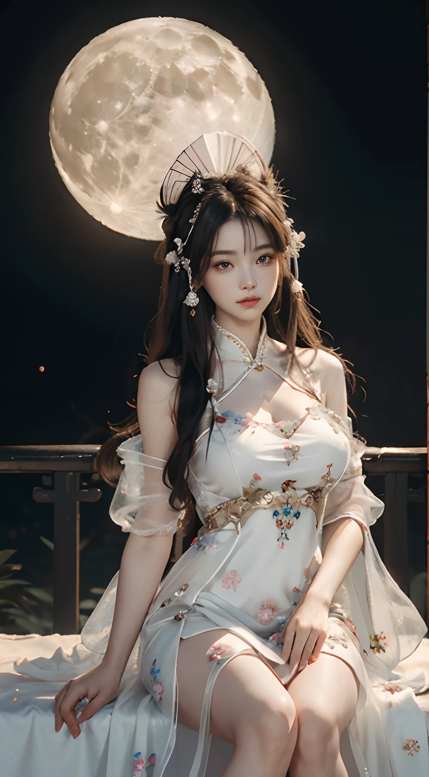 Chang'e，(((Hanfu)))，(((period costume)))，(((White gauze dress)))，(((Huge Moon)))，Rabbit ears，Skysky，Sit Pose，Top CG，Highest image quality，tmasterpiece，Delicate and delicate beautiful girl，(Tall and tall)，Royal Sister，Queen temperament，with fair skin，(((long leges)))，Perfect facial features，Bright eyes，Enchanting pose，Red lips，Beautiful and cold，(Big breasts),Beautiful and handsome，Long black silky hair，glittery，Skin is visible through see-through，(((Floral dress)))，8K quality，(Realistic portraits)，Characters fill the frame，((Face lighting)),(((((Clear and delicate hands)))))，White jade railings，