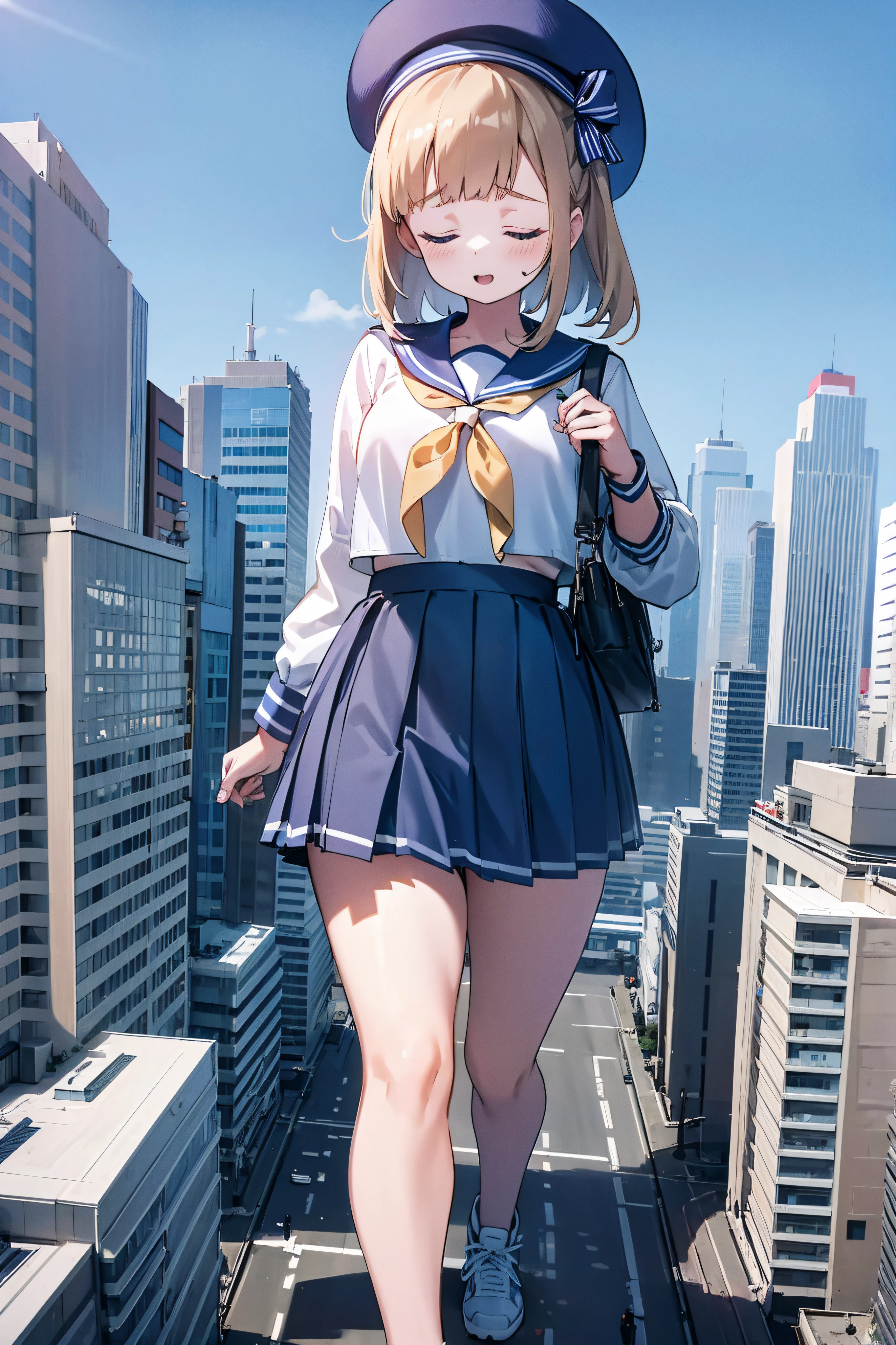 Huge maiden in sneakers，A girl taller than a building，a sailor suit，short  skirt,Crouch girl，Train miniature toy in hand