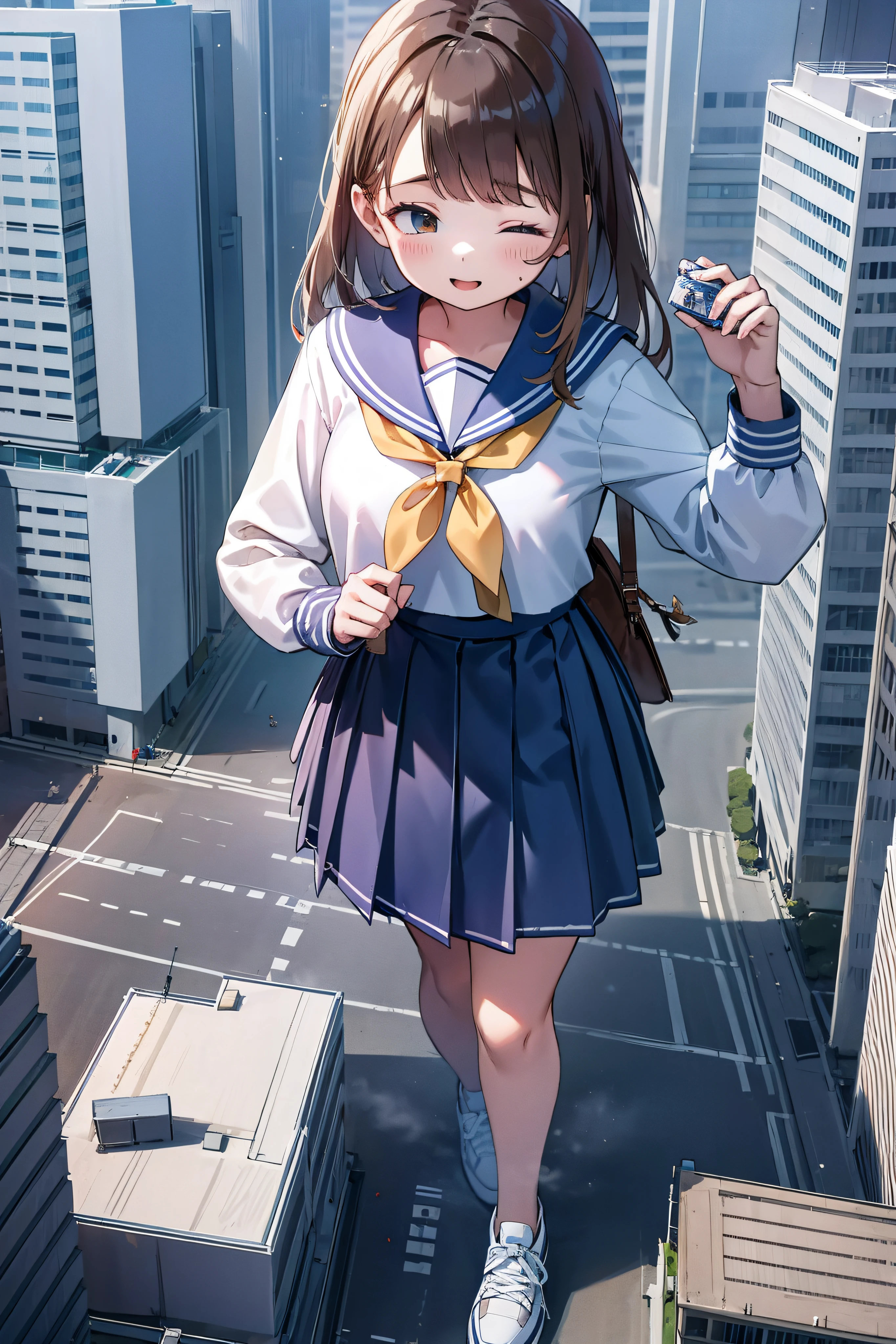 Huge maiden in sneakers,A girl taller than a building,a sailor suit,short skirt,Crouch girl,Train miniature toy in hand
