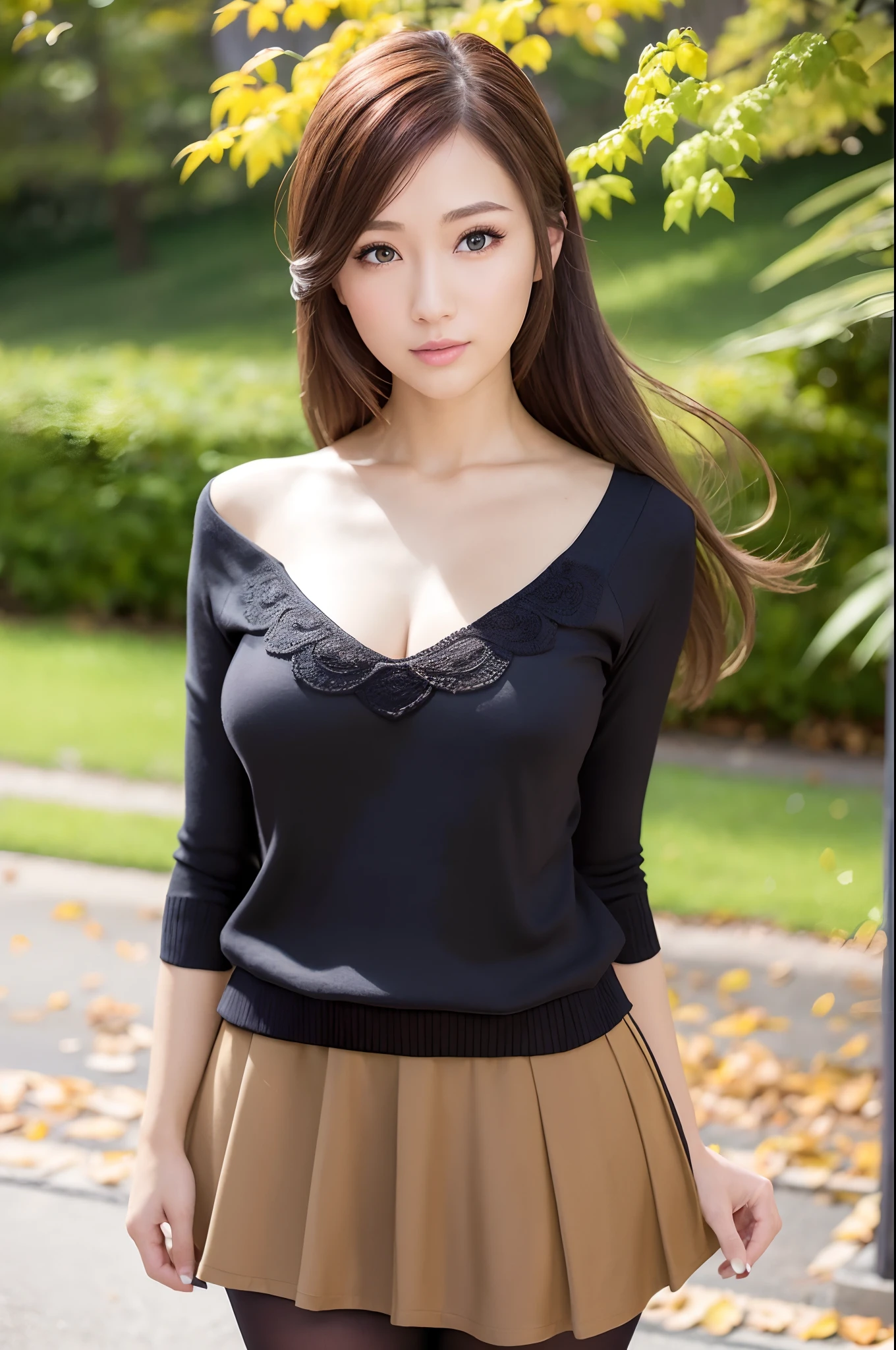 autumnal，Landscape of autumn leaves、Falling leaves，lacepantyhose，((pleatedskirt、Knitted top))、depth of fields，Real Light，Ray traching，OC Renderer，UE5 Renderer，Hyper-realistic，best qualtiy，8K，Works of masters，super-fine，Correct anatomy、(Best Quality, 4K, masutepiece: 1.3), Beautuful Women、Hyper-realistic, 1girl in,hyperdetailed face,Detailed eyes,二重まぶた, (Beautiful detailed lips),Sexy face,Women of Alafe,25-years old、