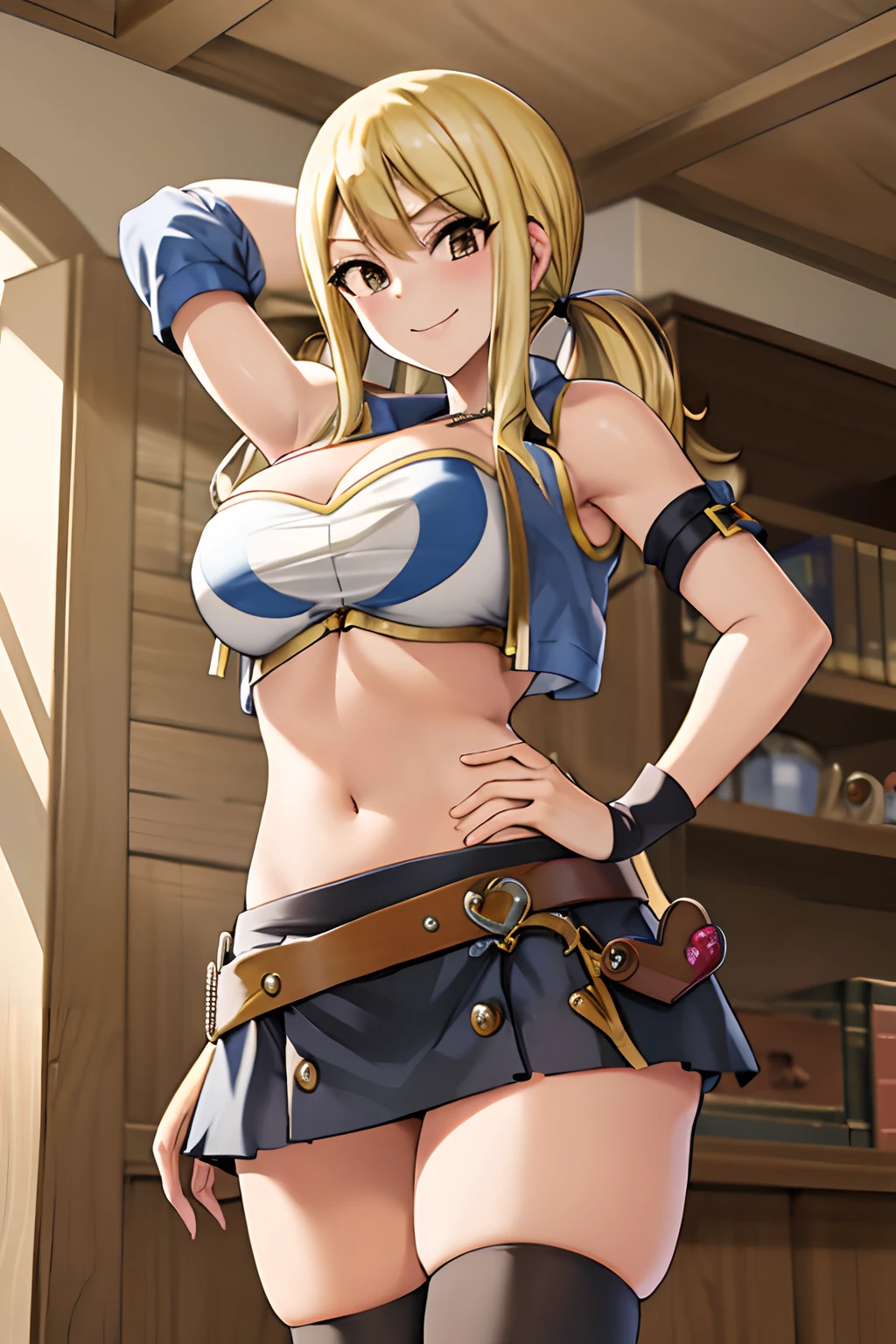 masterpiece, best quality, high resolution, lucy heartfilia, blonde hair, twintails, large breasts, black thigh highs, detached sleeves, midriff, cropped vest, strapless, belt, black skirt, cowboy shot, indoors, standing, smug smile, looking at viewer, left arm at side, right arm behind head