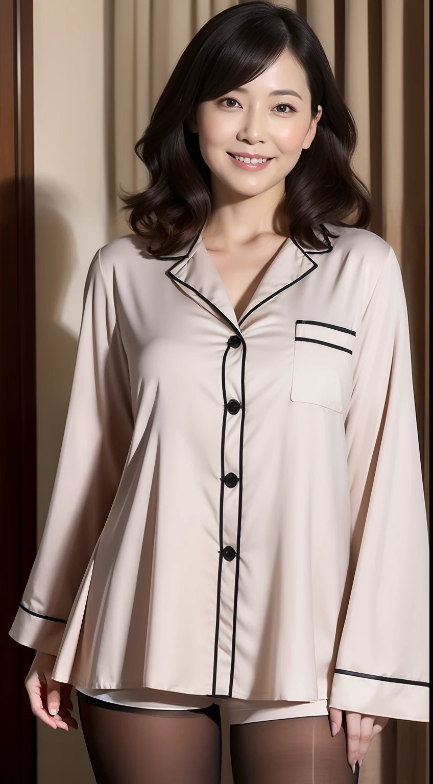 Masterpiece,Best quality, (maam. clerk:1), ((Portrait:1.3)), Cross arms, Smile,Deep V-neck pajamas temptation,Long legs,skin hyper-detail,Clear pores,in a panoramic view,Cocked buttocks,black lence stockings,Beautiful young Japanese woman over 40 years old, Perfect face, Fantastic look, (Detailed facial features), Clean and nice face