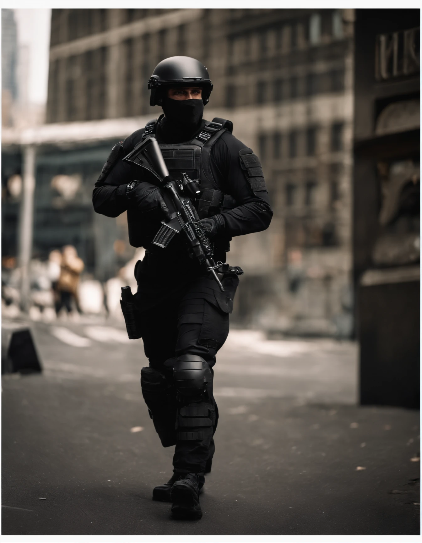 full body, no emblem, no helmet, personal, squad . Clad in a sleek black tactical uniform and donning combat gear. Wears a tactical vest adorned with ammunition and equipment pouches. He embodies the qualities of a highly trained and skilled warrior, new york city backdrop