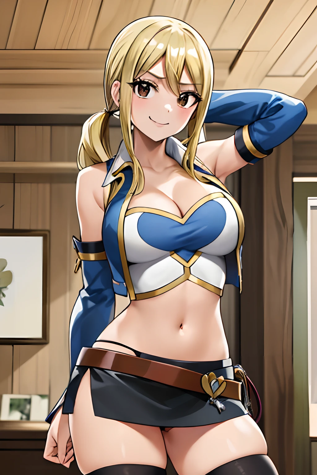 masterpiece, best quality, high resolution, lucy heartfilia, blonde hair, twintails, large breasts, black thigh highs, detached sleeves, midriff, cropped vest, strapless, belt, black skirt, cowboy shot, indoors, standing, smug smile, looking at viewer, left arm at side, right arm behind head