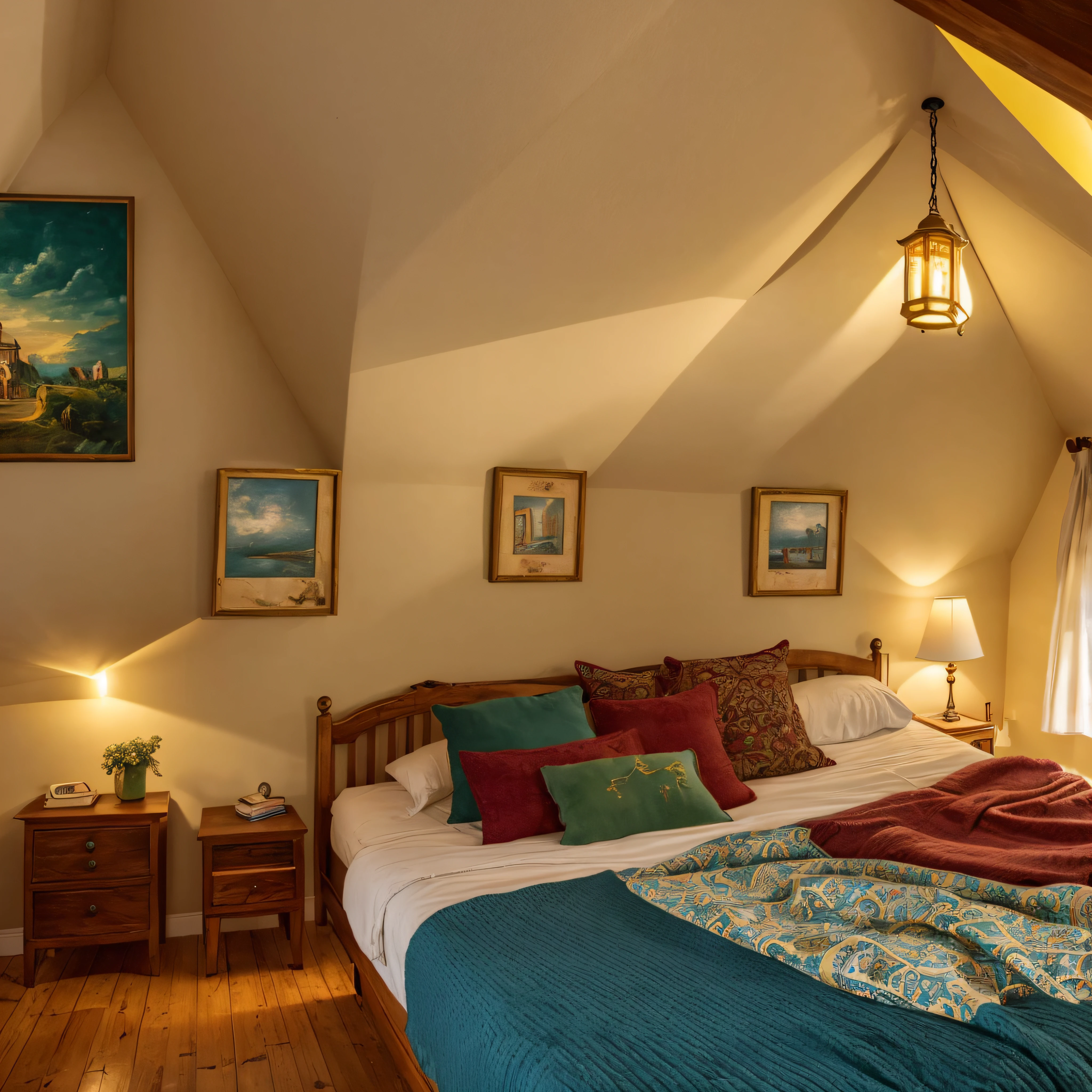 In a cozy attic bedroom, the golden light from a lantern reveals walls adorned with blue and green paintings. A plush bed with ruby-red blankets sits invitingly, and a woman, wearing soft yellow socks, curls up with a diary, capturing moments of serenity.