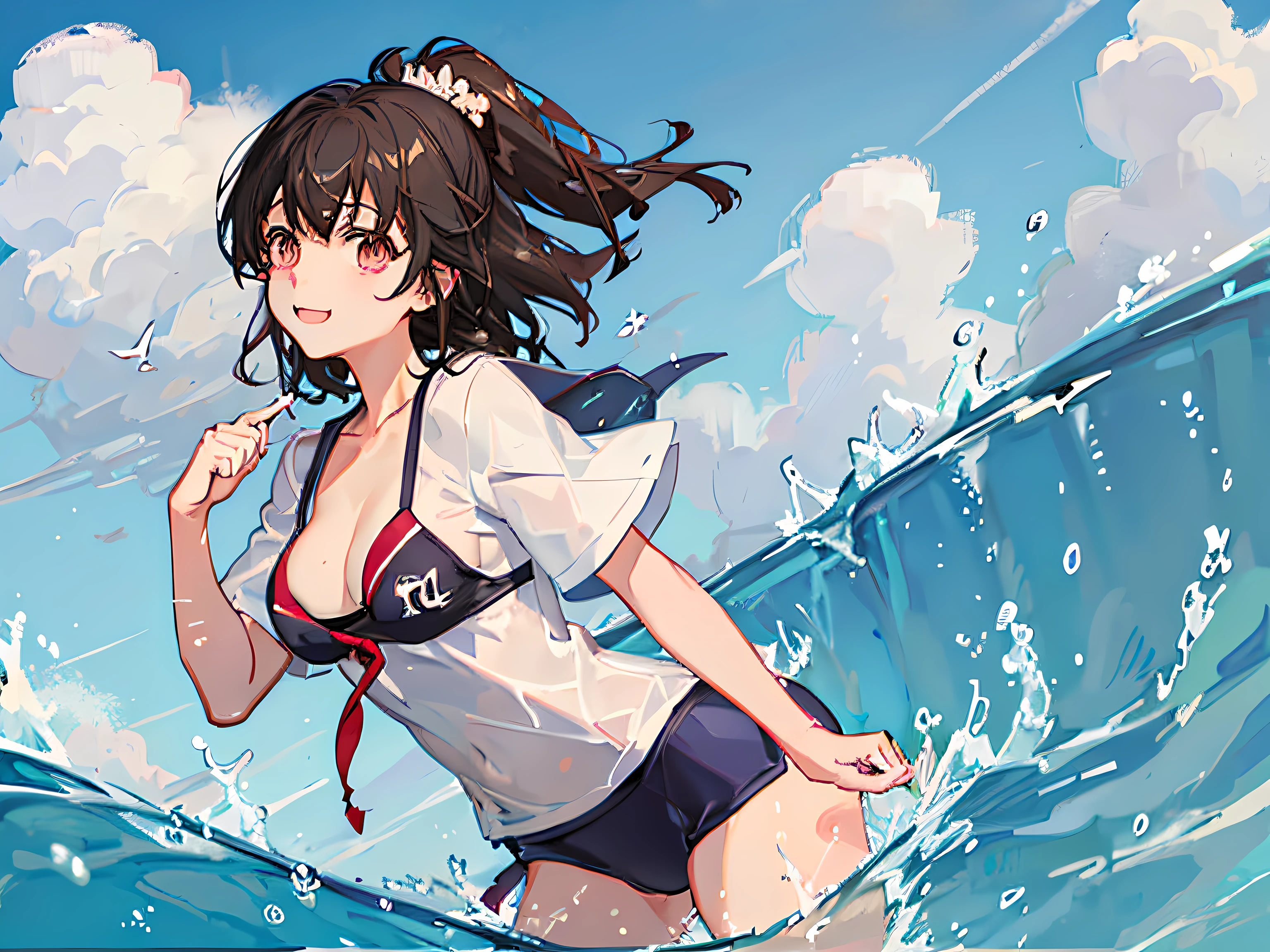 cute little、akagi miria、(School swim wear:1.3)、cleavage of the breast、Teleface、cowboy shot、perspiring、resort hotel
