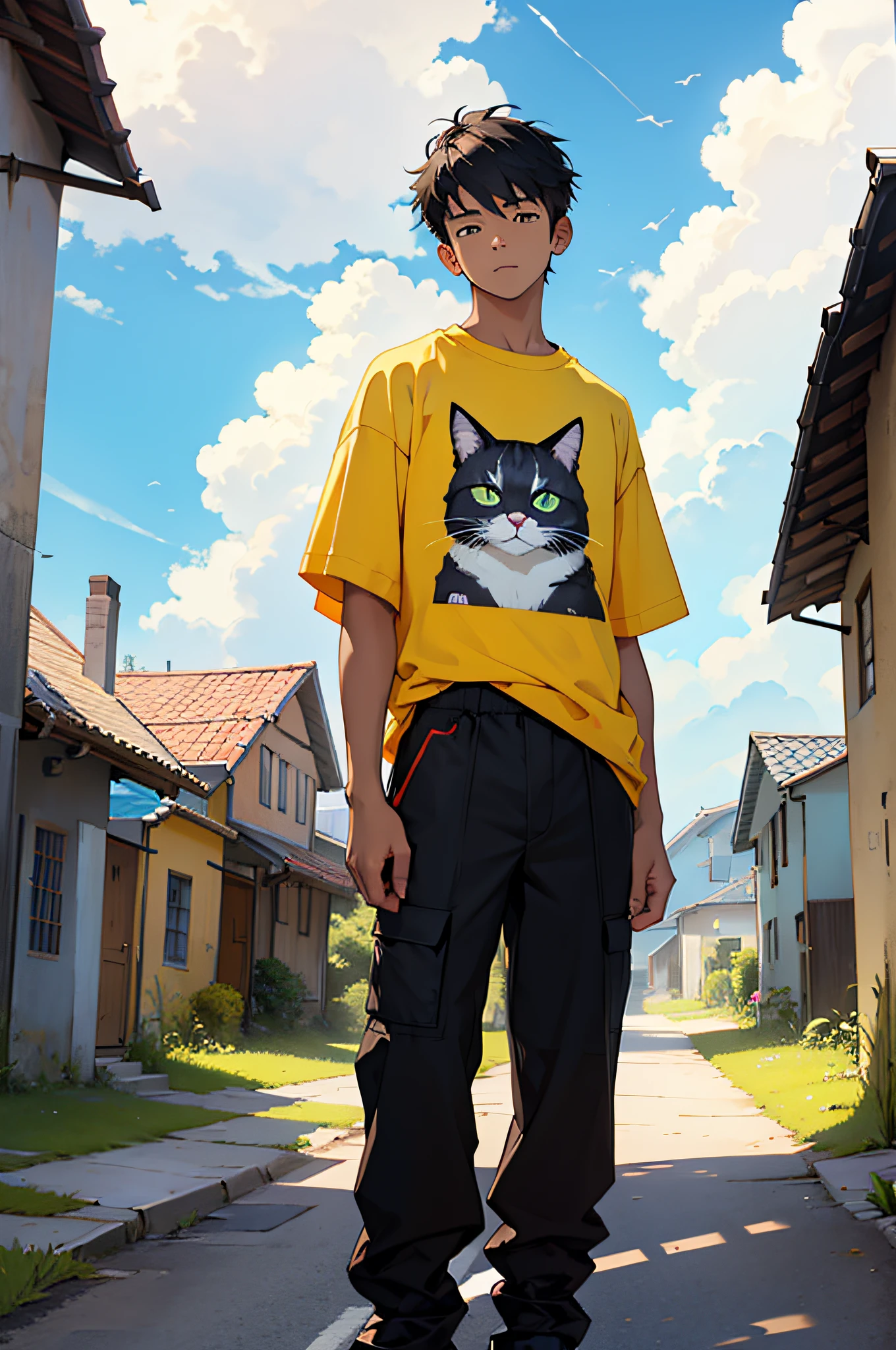 1 boy ,holding a cat , a village , clear , colorful , cloudy sky , black full pant , yello t-shirt