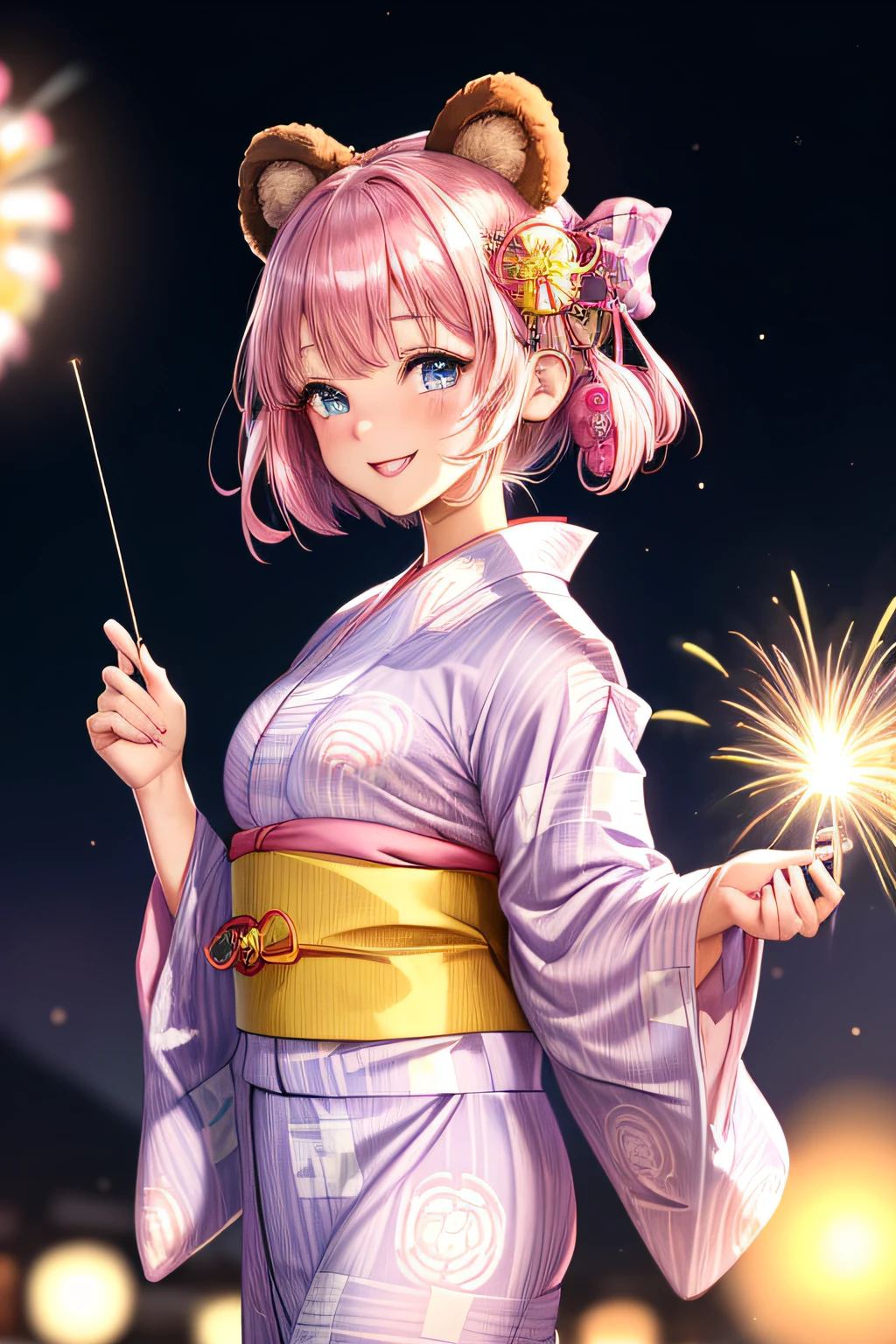 master piece, Best Quality, High resolution, Ultra-detailed, 1girl in, Late teens, Cute, Pink hair and pale blue eyes, (Yukata:1.5), Fluffy animal ears, Bangs, Short hair, Bow, Hair Bow, pink bows, (Best Smile), Brown bear ears, bob cuts, tits out, handheld fireworks, Summer Night Sky, Anguru in motion