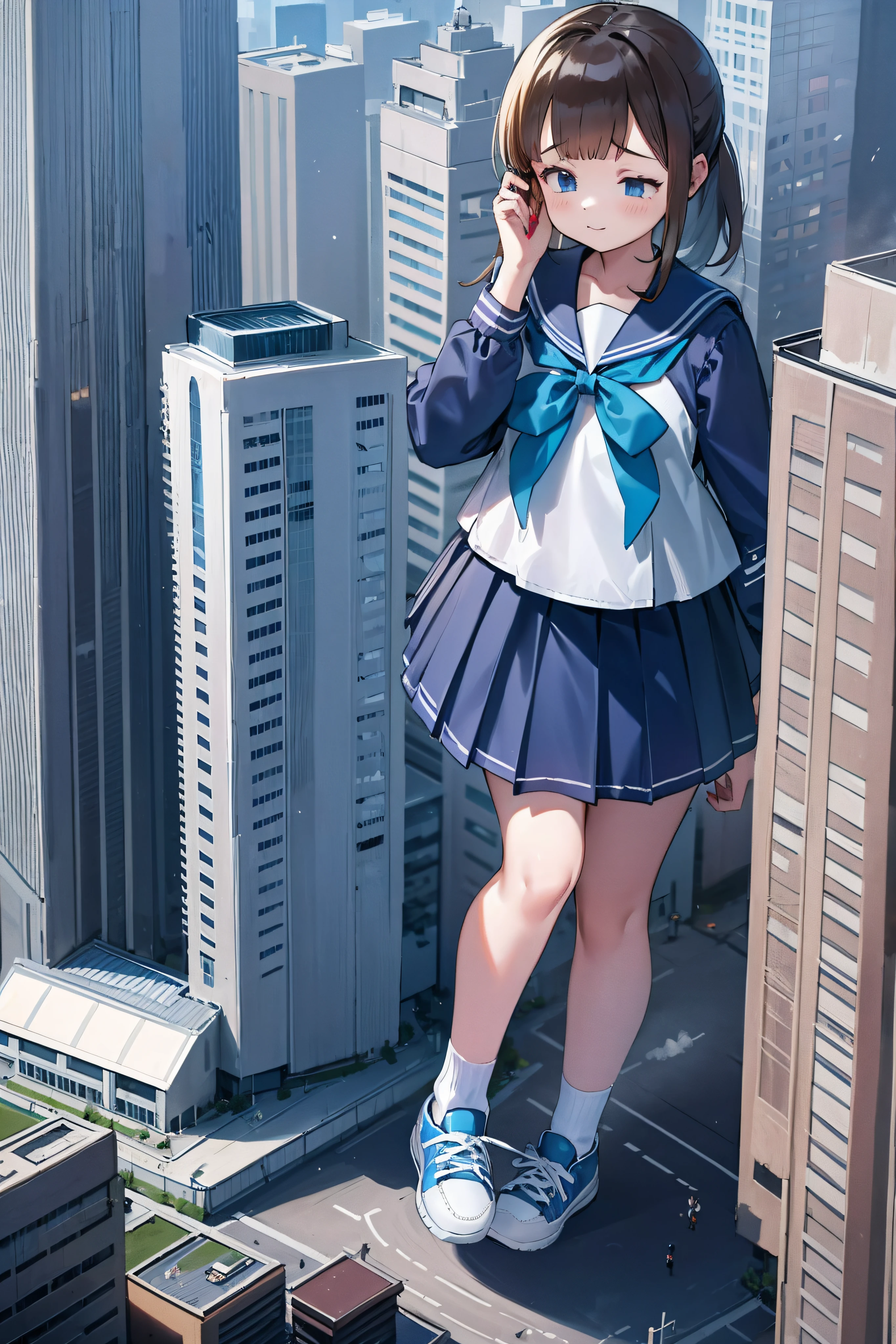 Huge maiden in sneakers，A girl taller than a building，a sailor suit，short  skirt,Crouch girl，Train miniature toy in hand