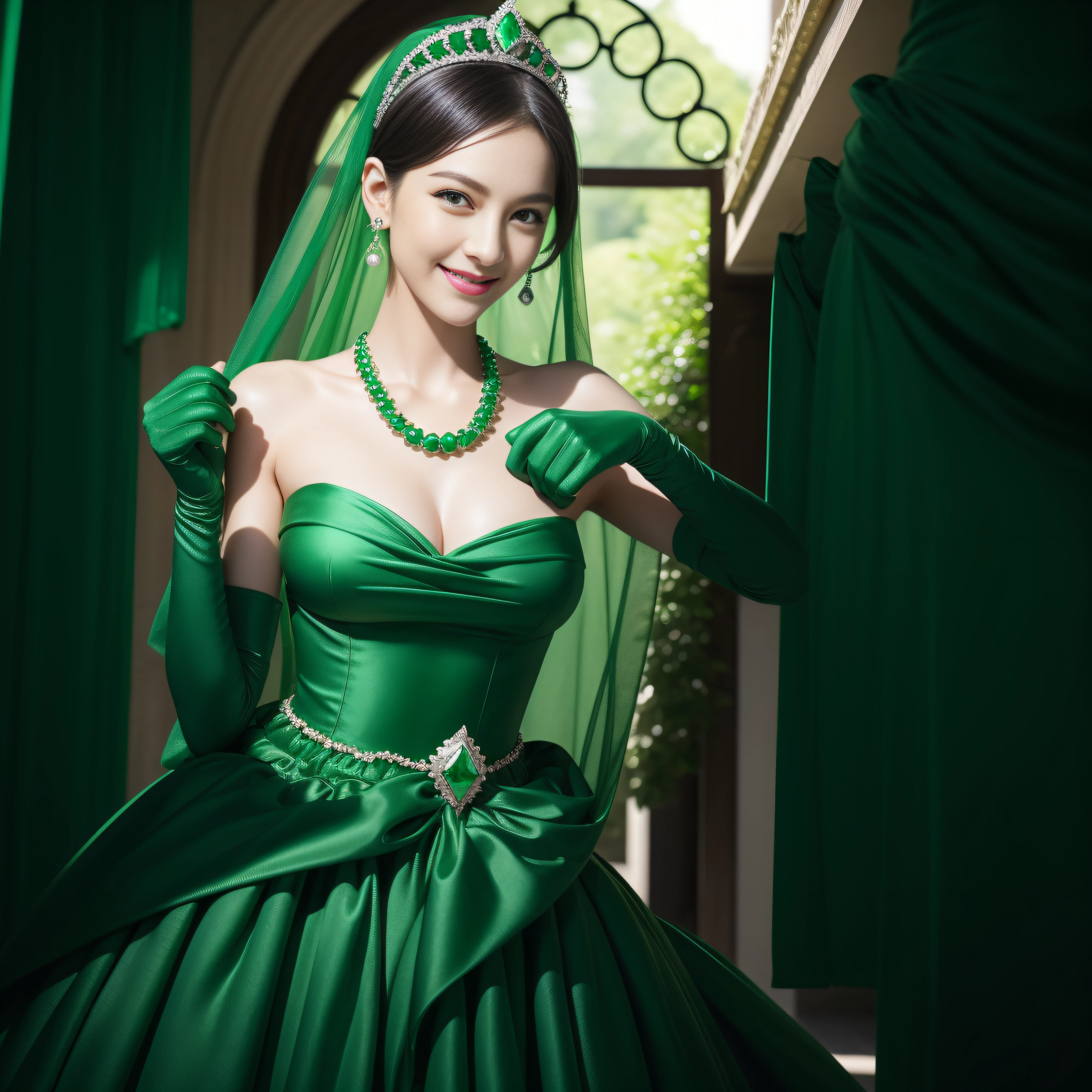 emerald tiara, Green Pearl Necklace, Boyish very short black hair, lipsticks, Japan woman smiling, very short short hair, big breasts beautiful, Green eyes, Long green gloves made of satin material, Green eyes, Emerald Earrings, Green dress