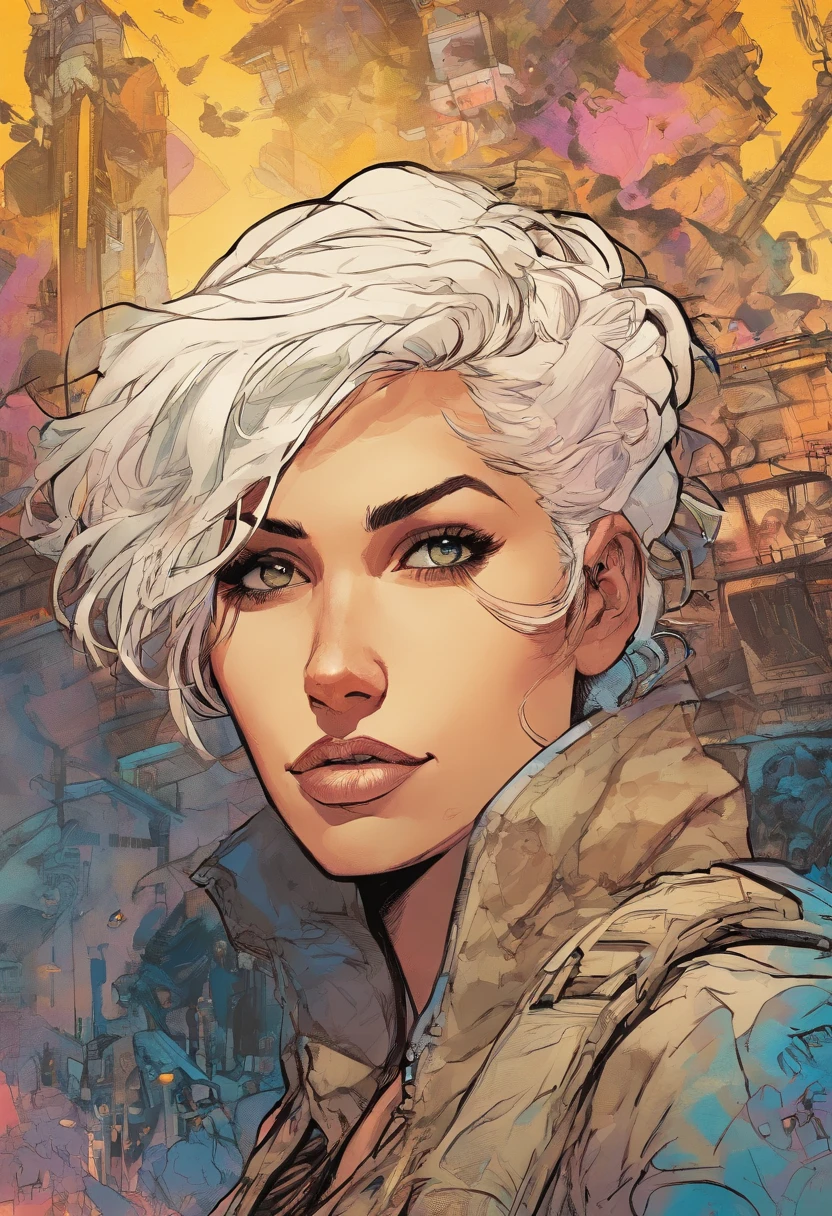highly detailed portrait, post apocalyptic young female rhea ripley, toned muscular, mad max inspired, white hair by gustav klimt,art nouveau, art by greg rutkowski, by greg tocchini, by joe fenton, gradient yellow, black, brown and pink color scheme, grunge graffiti