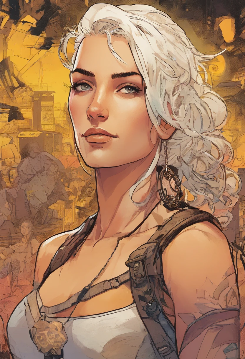 highly detailed portrait, post apocalyptic young female rhea ripley, toned muscular, mad max inspired, white hair by gustav klimt,art nouveau, art by greg rutkowski, by greg tocchini, by joe fenton, gradient yellow, black, brown and pink color scheme, grunge graffiti