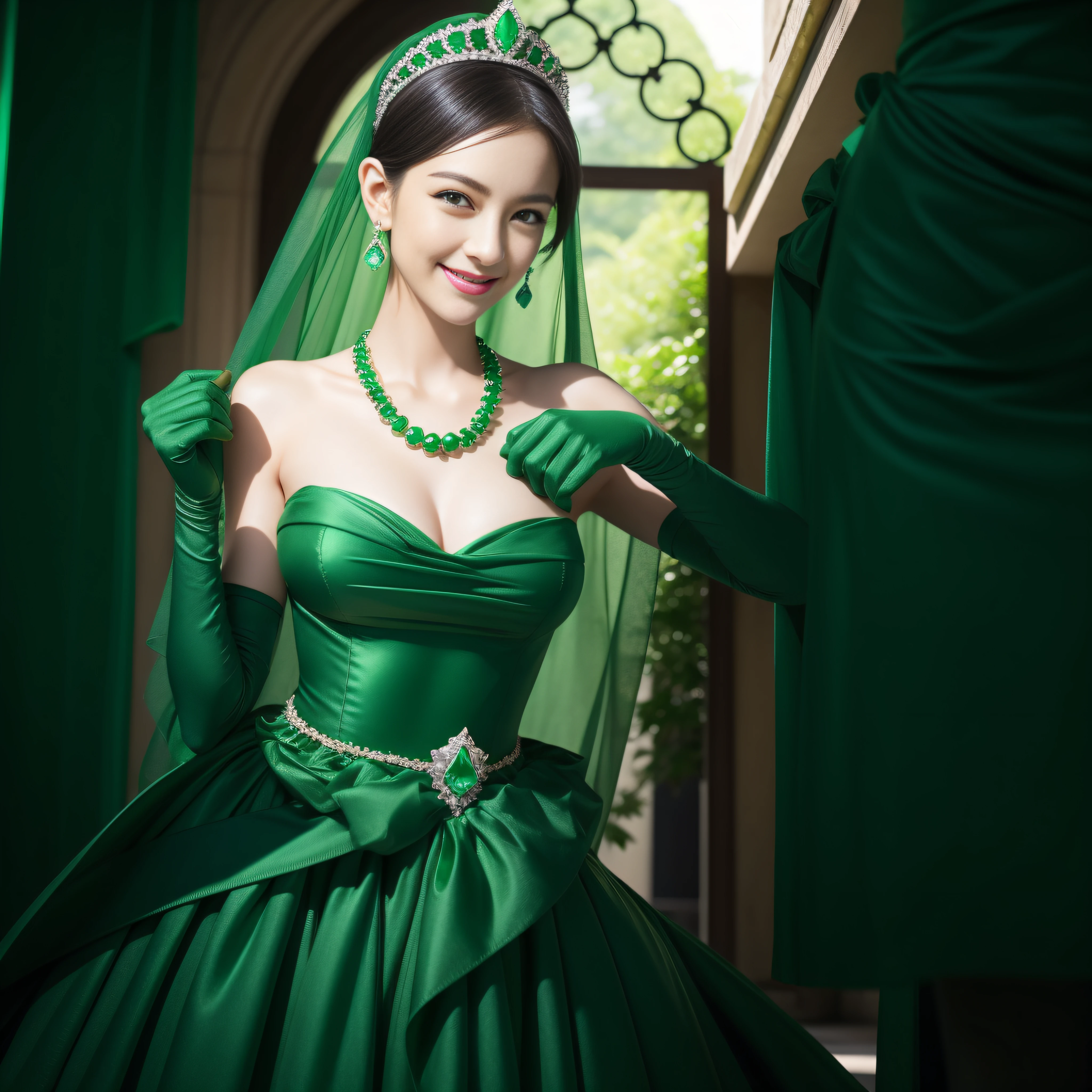 emerald tiara, Green Pearl Necklace, Boyish very short black hair, lipsticks, Japan woman smiling, very short short hair, big breasts beautiful, Green eyes, Long green gloves made of satin material, Green eyes, Emerald Earrings, Green dress