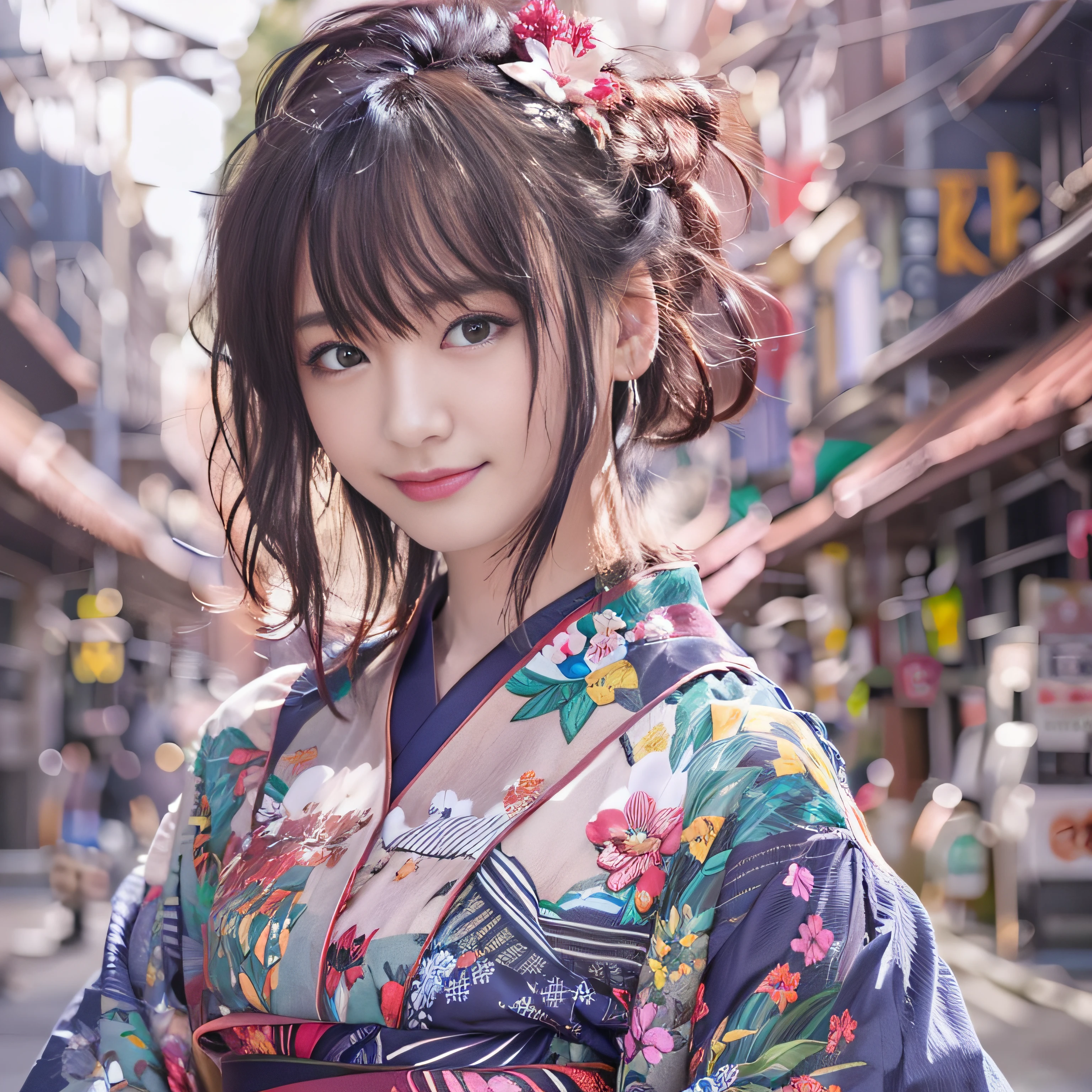 1人、on tokyo street、A city scape、The upper part of the body、wearing Japanese kimono、Piercing with a kanzashi with hair up、a closeup、A smile、、(8K、Raw photography、top-quality、masterpiece:1.2)、(realisitic、photoRealstic:1.37)、Highly detailed eyelash drawing、(((Top image quality))),Colossal tits、Fine skin, (Beautiful hair), (Perfect Anatomy), (Realistic), (Dynamic Angle), Pose Seductive,Perfect,Sensual look、top-quality、hight resolution、