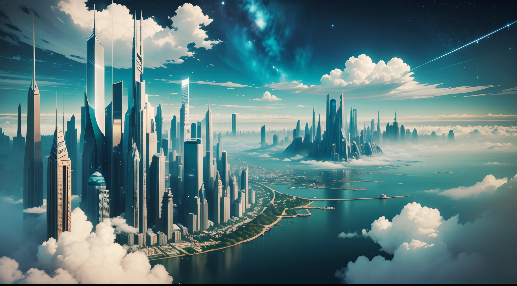 Title: A Utopian Metropolis in the Clouds
Keywords: 
Majestic,
Awe-inspiring,
Futuristic,
Whimsical,
Celestial 

Description: This collection envisions a utopian sky city floating amidst the clouds. Featuring sweeping vistas, towering skyscrapers, and celestial dreamscapes, each piece paints a vision of an idyllic metropolis high above Earth. With an art style that combines futurism and whimsy, this series aims to capture the grandeur and wonder of an imaginary world suspended in the heavens. A city of boundless optimism, freedom and imagination --auto --s2