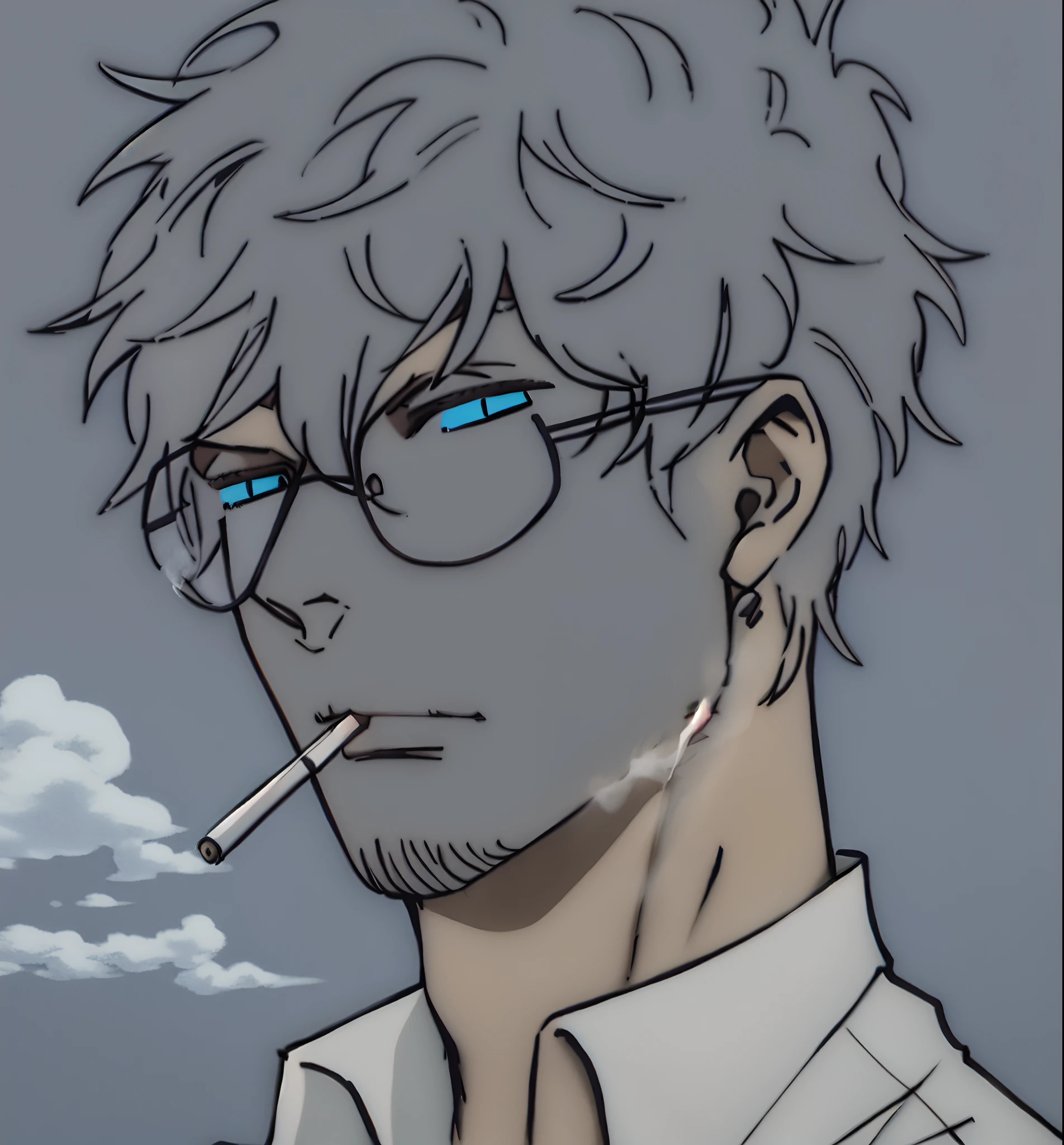 1 male, neck up view, looking off to the side, turned away slightly, wearing unbuttoned collar gray shirt, smoking a cigarette, wearing round glasses, white hair, short fluffy hair, cloudy sky background, calm expression, 8k, uhd image, inspired by eiichiro oda, one piece artstyle, one piece wano arc artstyle, blue eyes, young,