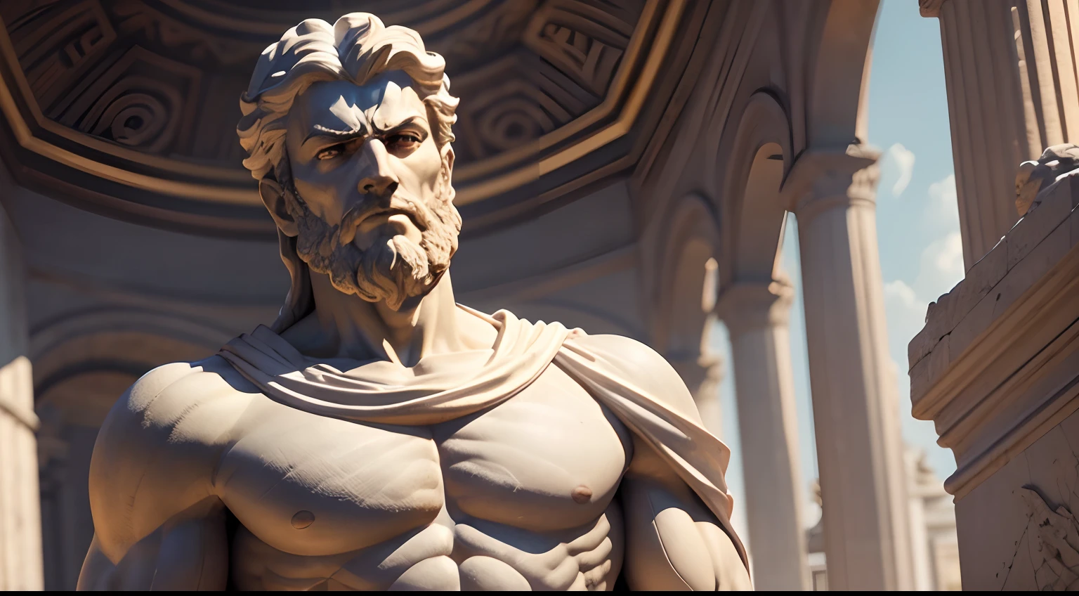 A hyper-realistic marble statue of a muscular handsome Roman god man holding a sword rotting, very old, ancient dust, and his facial expressions betray deep sadness and overthinking. Against the background of Roman columns, petrified birds, ashes on the ground withered and rotting, the colors are muted and faded, to emphasize the seriousness of the scene.