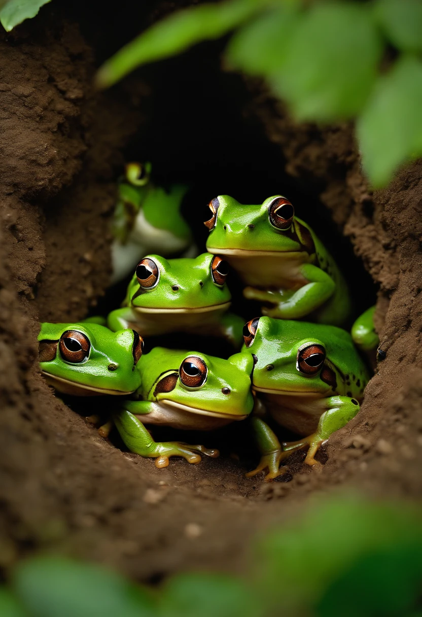 A bunch of frogs transform into lovely women (moss breast drapes and skirt, frog hands, light green skin with mottling, over large eyes) during a heavy rain, dancing around glowing mushrooms in a deep dark forest
