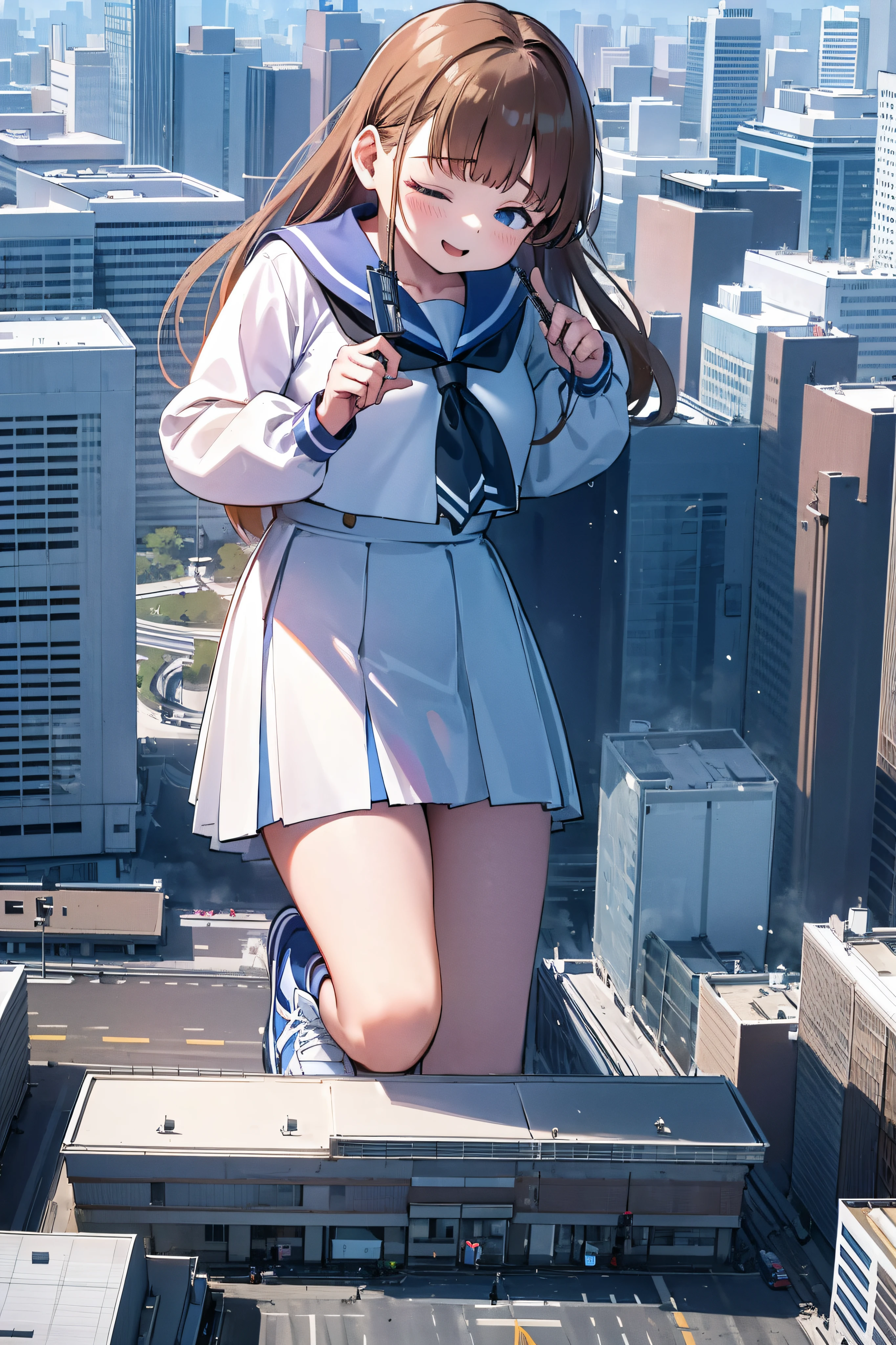 Huge maiden in sneakers，A girl taller than a building，a sailor suit，short  skirt,Crouch girl，Train miniature toy in hand