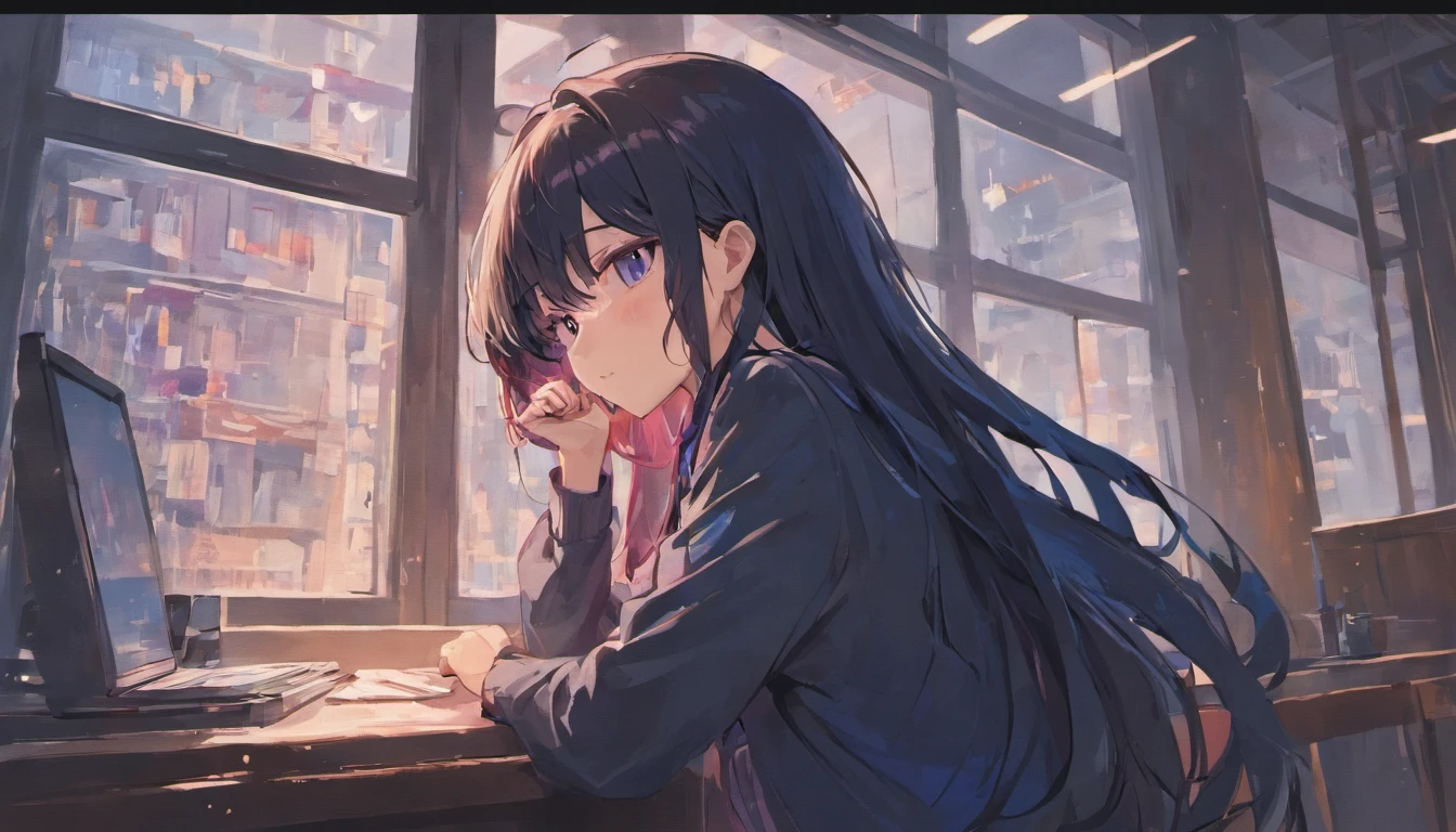 girl,Blue glasses,Long black hair,Sit in front of the window and look out the window,Hands dragging your face,sad