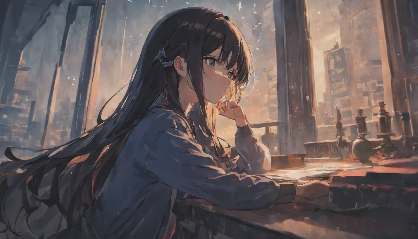 girl,Blue glasses,Long black hair,Sit in front of the window and look out the window,Hands dragging your face,sad