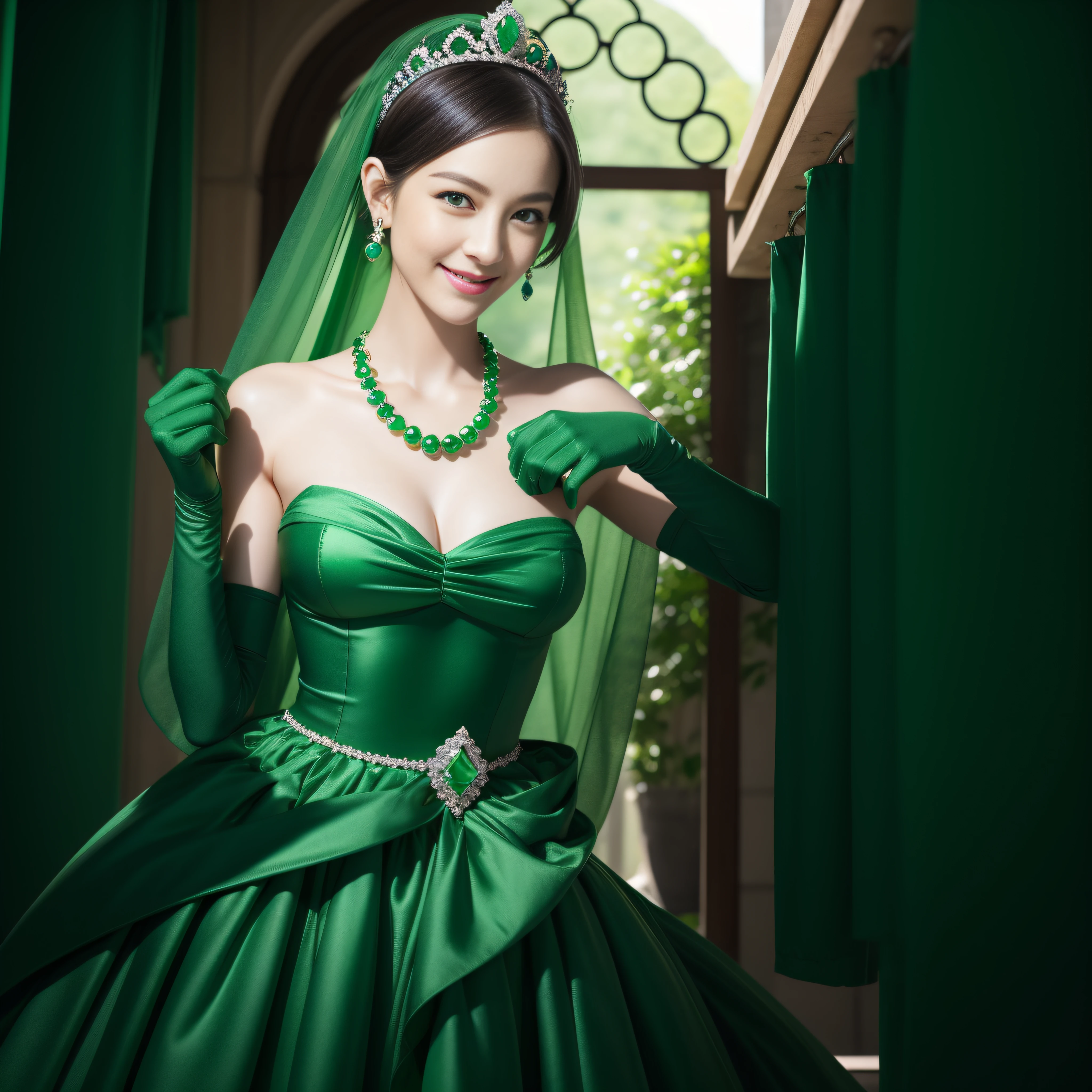 emerald tiara, Green Pearl Necklace, Boyish very short green hair, lipsticks, Japan woman smiling, very short short hair, big breasts beautiful, Green eyes, Long green gloves made of satin material, Green eyes, Emerald Earrings, Green dress