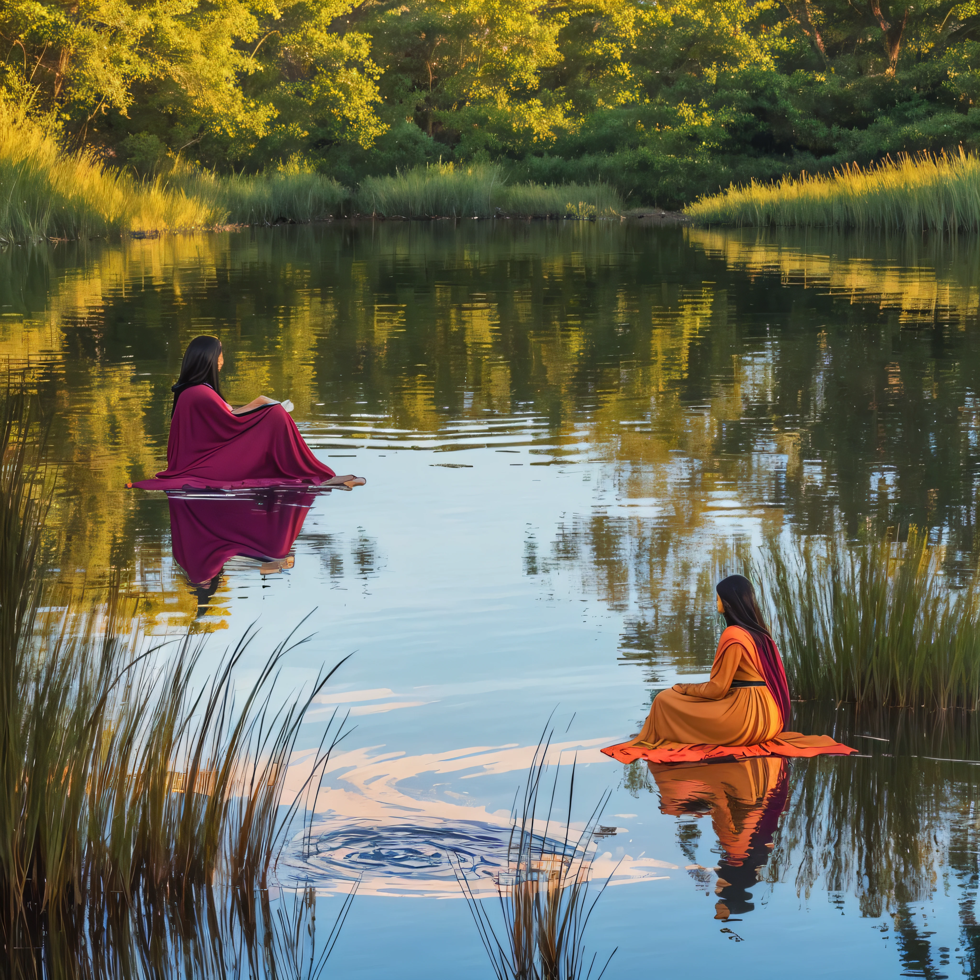 At a tranquil lakeside, the water reflects the oranges and pinks of the setting sun, while deep blue shadows grow longer. Green reeds sway gently, and a woman, wrapped in a soft beige shawl, lights a crimson campfire, the scene epitomizing peaceful solitude.