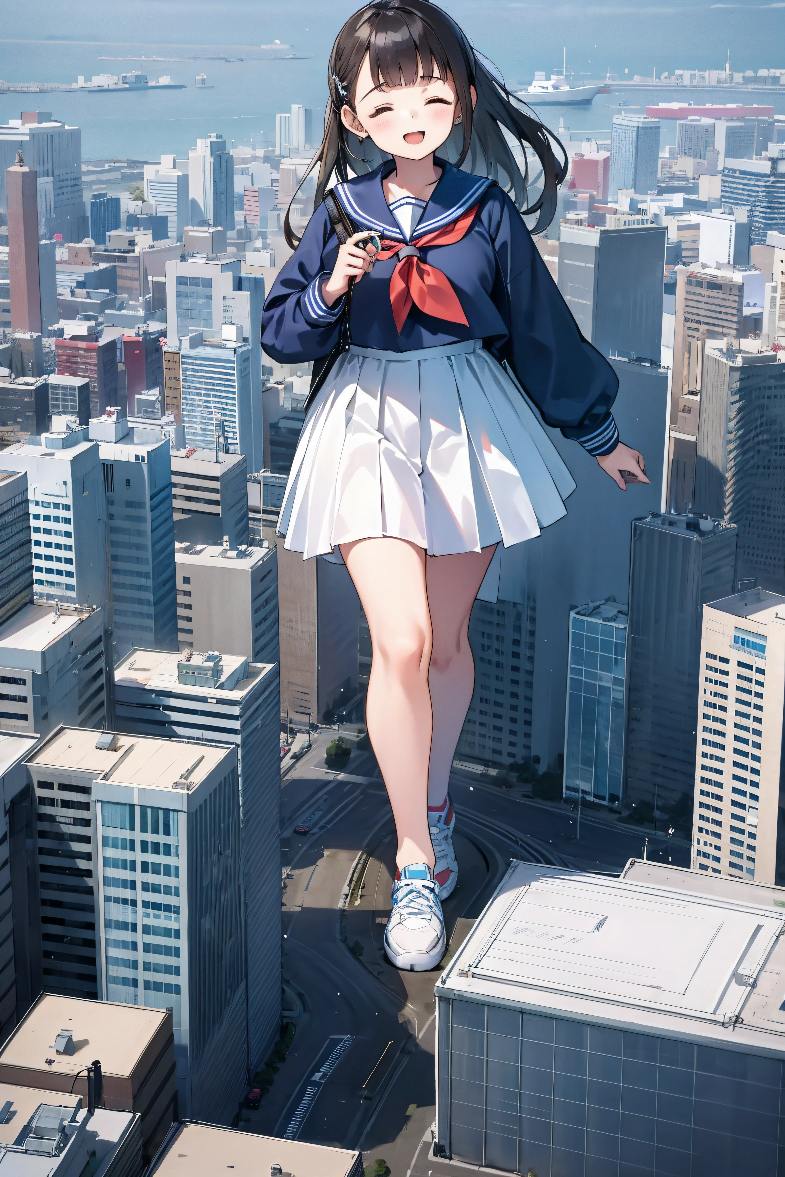 Huge maiden in sneakers，A girl taller than a building，a sailor suit，short  skirt,Crouch girl，Train miniature toy in hand