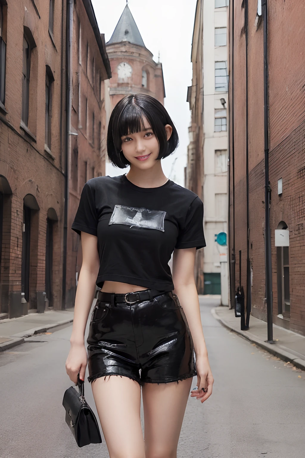 (Black Shorthair:1.5), (bob cuts), (a 20 yo woman), (A hyper-realistic), (Masterpiece), (8KUHD), ((Full body)), Smiling, Slender waist, Thin leg, ((large t-shirts)), large full breasts, Brick warehouse