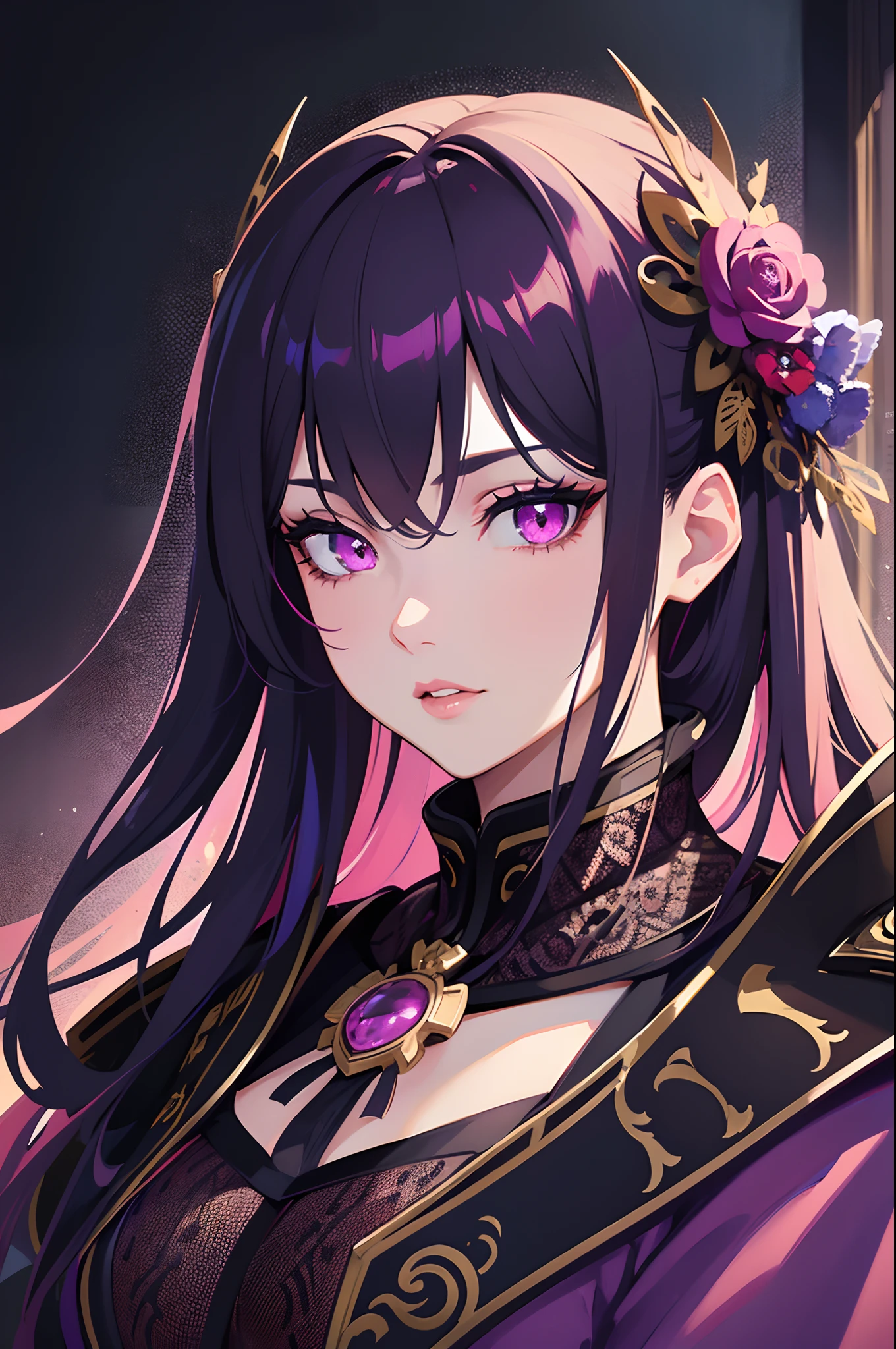 girl,dark violet hair,pink eyes,glowing eyes,straight hair,beautiful detailed eyes,beautiful detailed lips,extremely detailed eyes and face,long eyelashes,romantic lighting,vibrant colors,artistic portrait,realistic style,soft brushstrokes,high resolution,dynamic movment,samurai armor,royalty,sexy,cleavage,bokeh