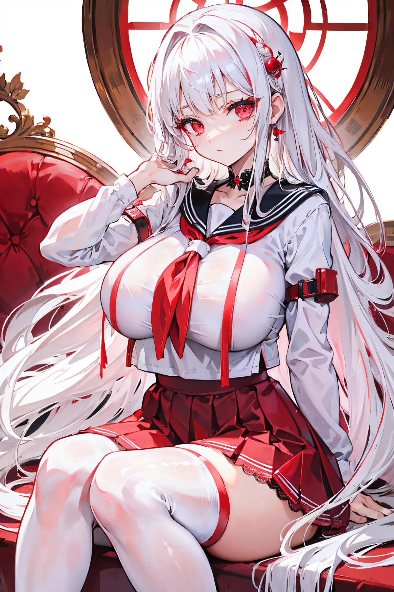 red eyes，Long white hair，a sailor suit，Gorgeous background，huge tit，Lace lingerie big breasts，s girl