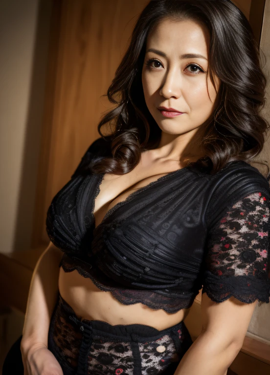 masterpiece,best quality, (one milf), ((portrait:1.5)), ((look down, looking at the viewer)), makeup, elegant black underwear, wavy hair, ((seduction expression, open mouth:0.5)),