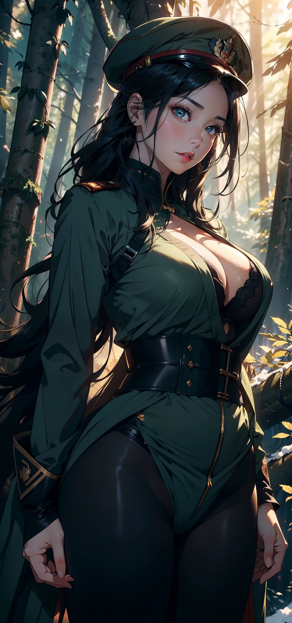 1female,41 years old,熟妇,A MILF ,Married Woman, mature,plumw,extremely large bosom ,Pornographic exposure, 独奏,(Background with:stunning view,ln the forest,city ruins,There is a lot of war)Snow-white skin, She has short black hair,Stand deep in the forest,seen from the front, hair straight,(((tmasterpiece),(Very detailed CG unity 8K wallpaper),best qualtiy,cinmatic lighting,detailed back ground,beatiful detailed eyes,Bright pupils,Redlip(Very fine and beautiful),(Beautiful and detailed eye description),ultra - detailed,tmasterpiece,)),facing at camera,A high resolution,ultra - detailed),revealing breasts,Bare genitalia, Bulge,legs are open,Raised sexy,Camel toes,Flushed complexion,Soviet soldiers,frontage,military hat(Wearing:Short dark green blazer,Black tights)