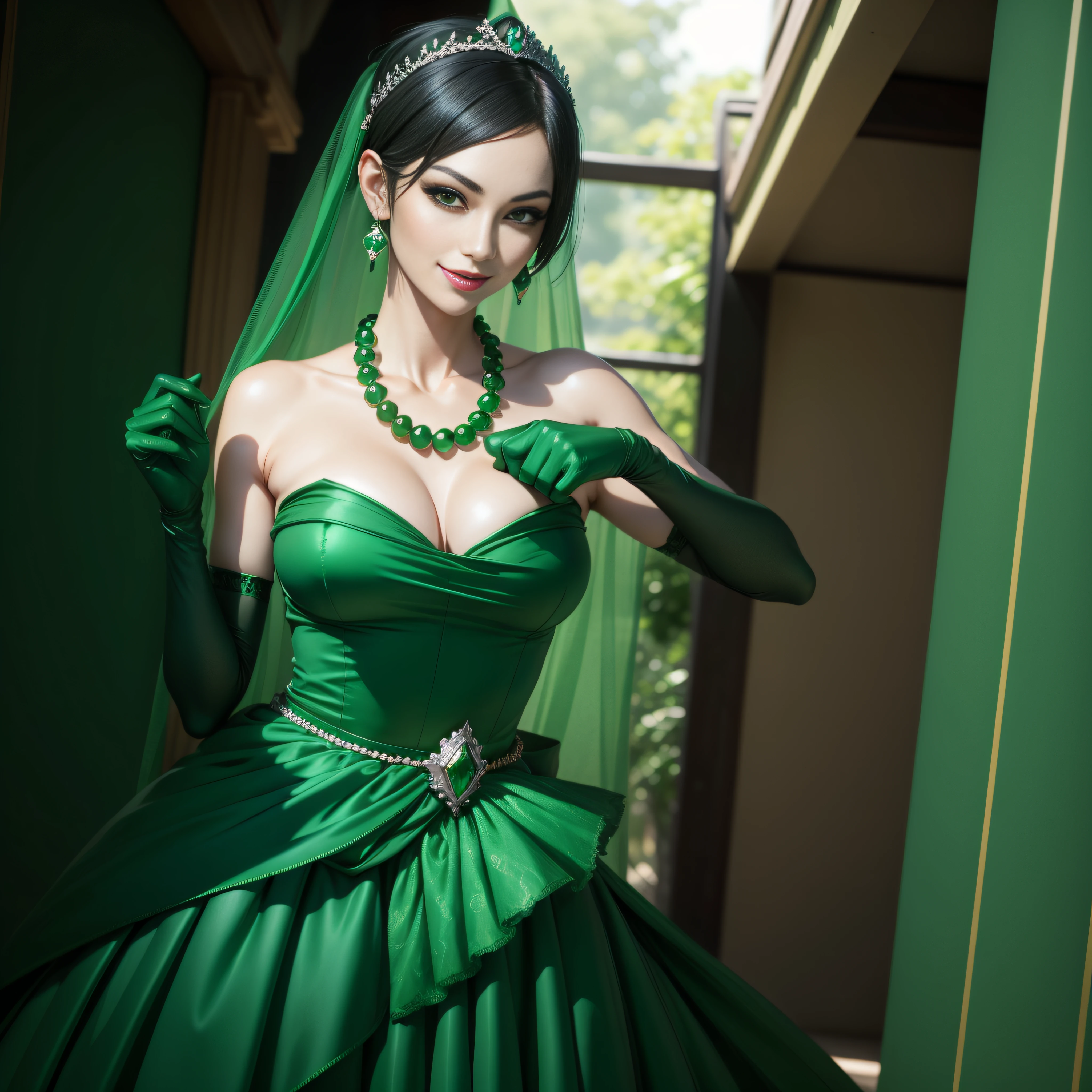 emerald tiara, Green Pearl Necklace, Boyish very short green hair, lipsticks, Japan woman smiling, very short short hair, fist, big breasts beautiful, Green eyes, Long green gloves made of satin material, Green eyes, Emerald Earrings