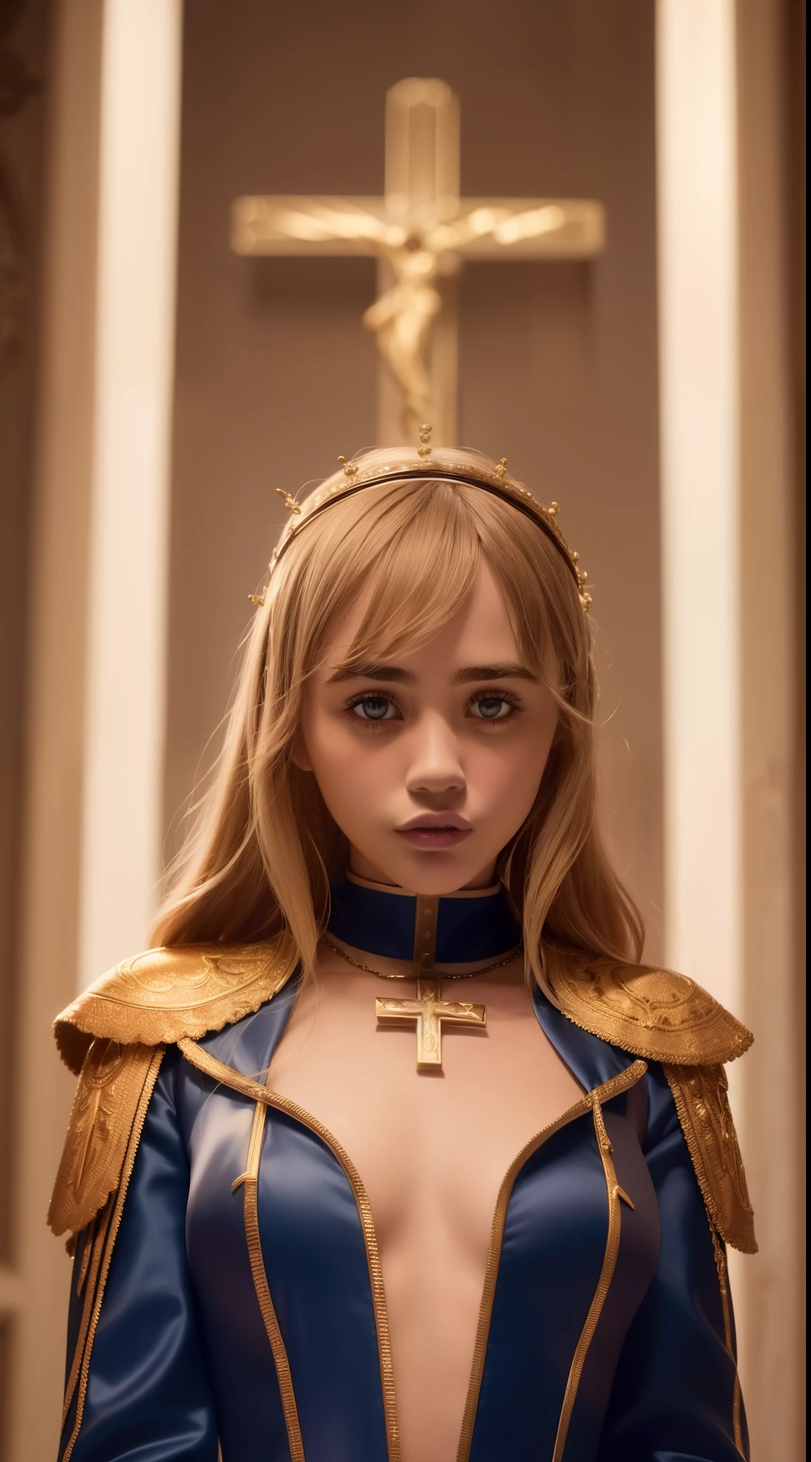 (Suki Waterhouse:1.4), (Cara Delevingne:1.2), the first female pope. High resolution digital studio photo. Studio professional lighting. The girl is dressed in the luxurious attire of the Pope,  
on her chest hangs a golden cross with a crucifix.
excellent image of the model's face, excellent image of the model's eyes, clear and proportional image of the head at any scale.