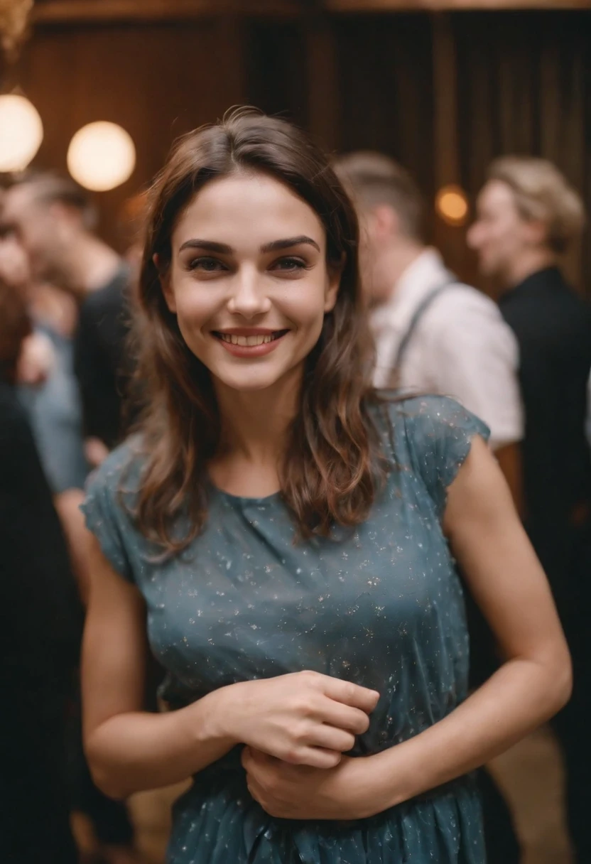 Kodak disposable camera photo of a sensual woman, smiling suggestively, dancing at a party, full body photo.