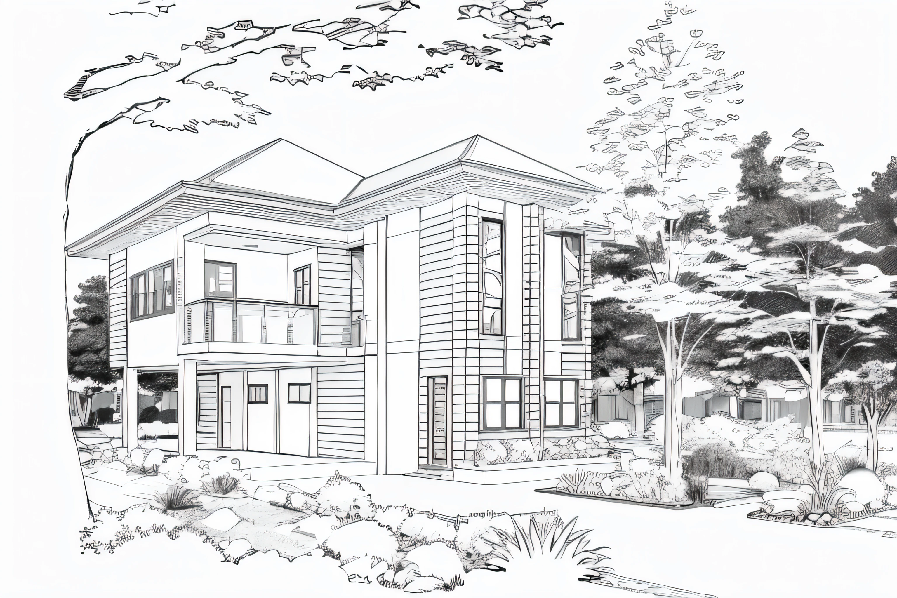 make this a full color modern architecture house. the color must include brown, black, white and grey. do not remove line. the color full and solid
