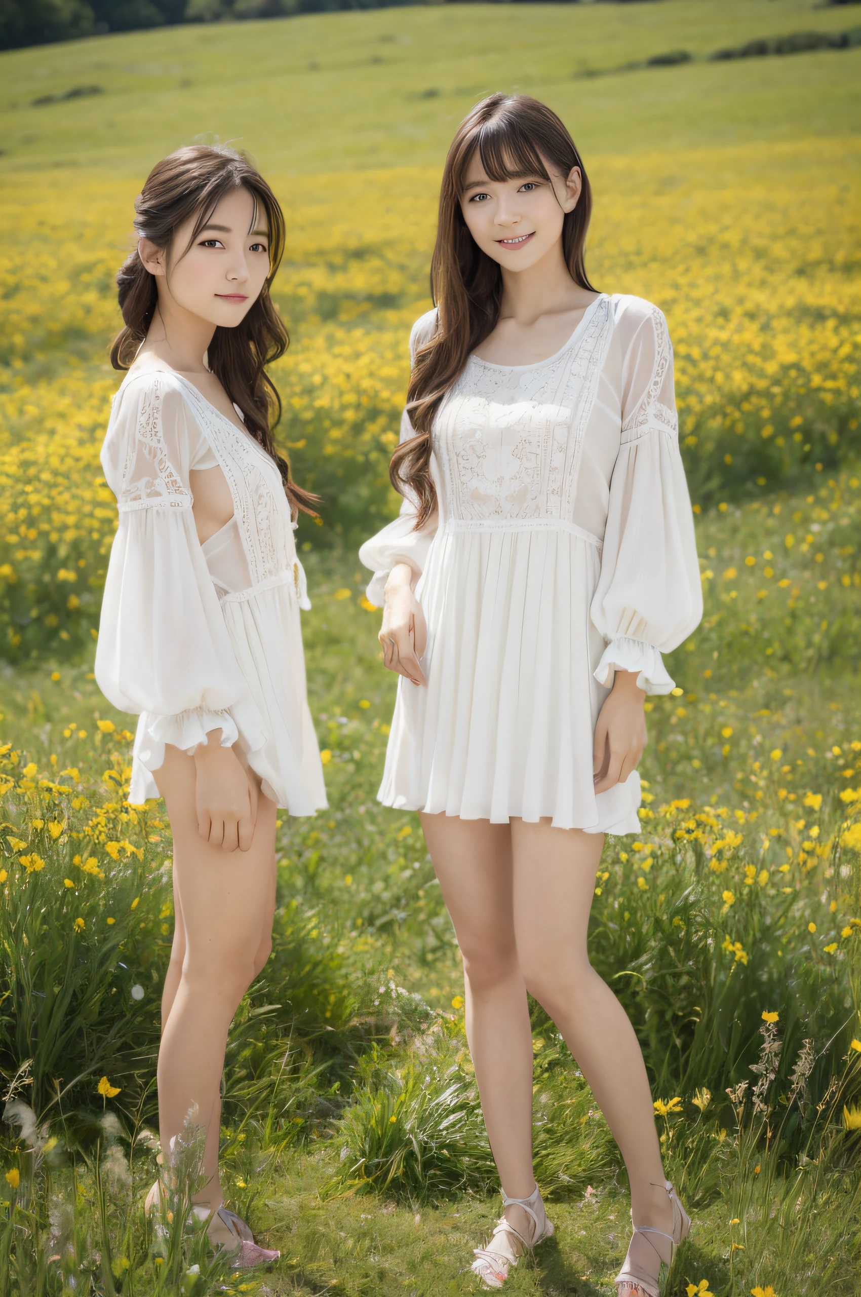 (((masterpiece))), top-quality, Extremely detailed, Detailed background, 1 girl, Very beautiful girl, Japanese, yo, solo, Detailed face, Bangs, Smile, (Full body:1.8), (Random hairstyles :1.2), (Young Face), (Perfect body:1.1), Blouse, Summer, in 8K, Wallpaper, amazing, finely detail, Ultra-detailed, 超A high resolution, Extremely detailed, Pure erotic face, extremely detailed eye and face, Beautiful detailed eyes, highly detailedskin, No makeup, (Natural Skin),Enchanting meadow with wildflowers