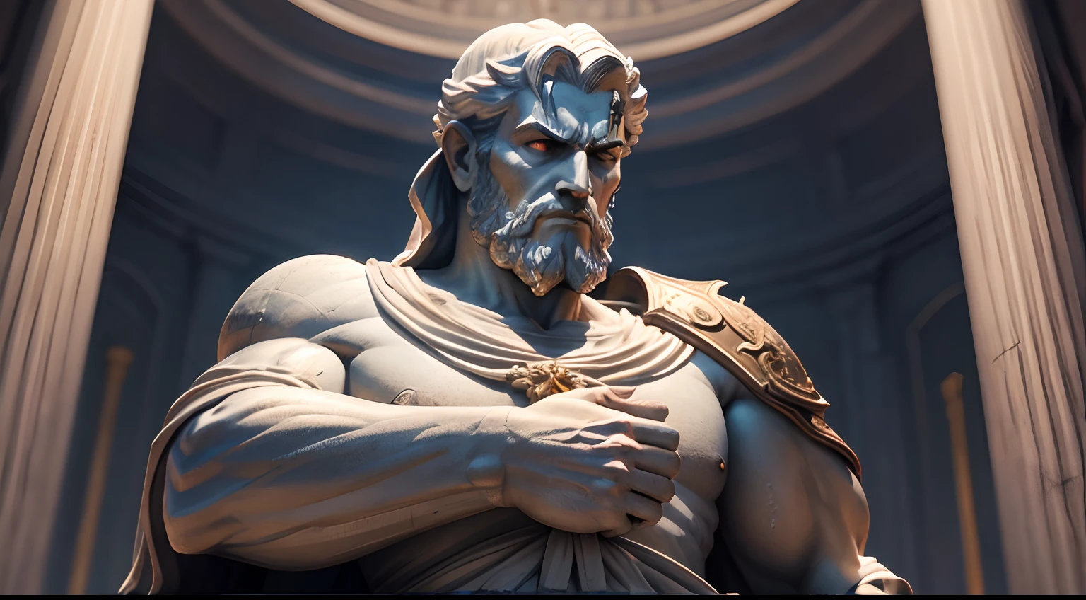Strong Stoic statue, with an expression of anger, using tunica, noite escura, fundo grego antigo do templo, 35 mm, lateralmente, Filmado em Sony A7S III com Sony FE 35mm f/1.8, 12.1 MP, --AR 3:2 --estilo cru