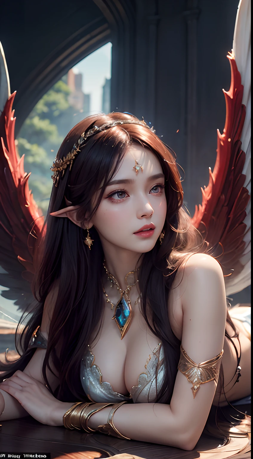 Naked, Beautiful Valkyrie,（best qualtiy，hyper HD, Masterpiece, 16k）,Goose egg face,largeeyes,long eyelasher,There are precious stones on the forehead,Exquisite（live-action realistic style）,Star-like eyes,Ultimate face,Photorealistic light and shadow,Clear facial features,Milky white skin,Fair skin, highdetailskin,Realistic skin details,Visible Pore,（Super detail）,Petite body,Carmelto, full bodyesbian,She wears long loose black hair and reaches her waist,（hair flowing）, Smoothness,Huge wings,Crystal wings,（Super detail）,Wear a transparent silk cardigan dress，Beautifully decorated,((dynamicposes),Lie down,Legs slightly open),Be red in the face,((Dynamic background((Red lightning)),Fantasy space，Luxurious space,NSFW：1.07