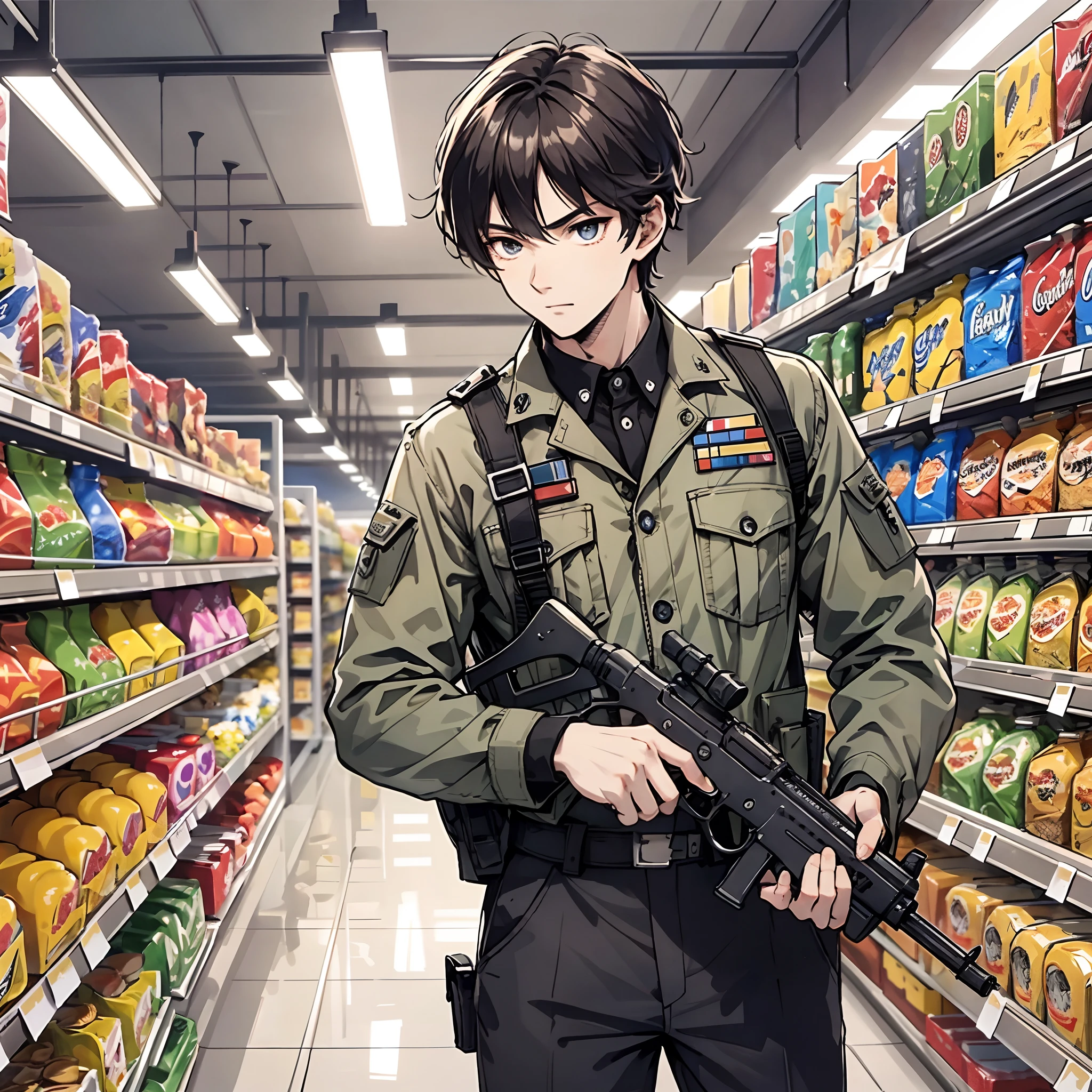 Ridiculous resolution,A high resolution,(tmasterpiece:1.4),Hyper-detailing,Young man,holding a pistol,preparing to fight,Special forces uniforms,Supermarket,The expression is serious