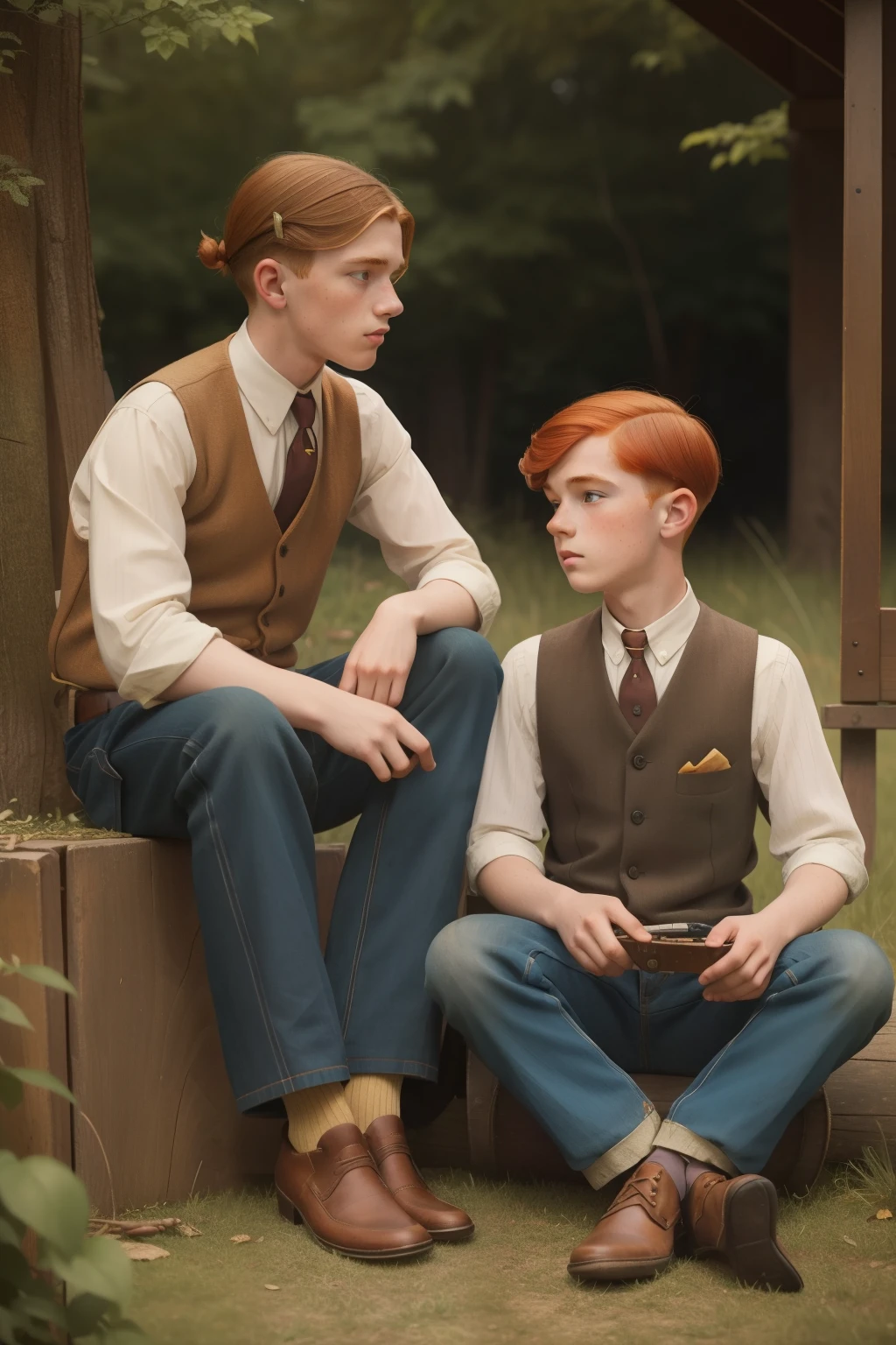 Year: 1932. Location: Lincoln, Minnesota. pre-raphaelite scene with a 12-year-old redhead boy with (freckles), playing the harmonica, sitting by a bonfire, next to his (16-year-old brother), ((((1930s poor clothes)))) ((1930s hairstyle)) ((in the style of "OMITB")) ((cinematic style))