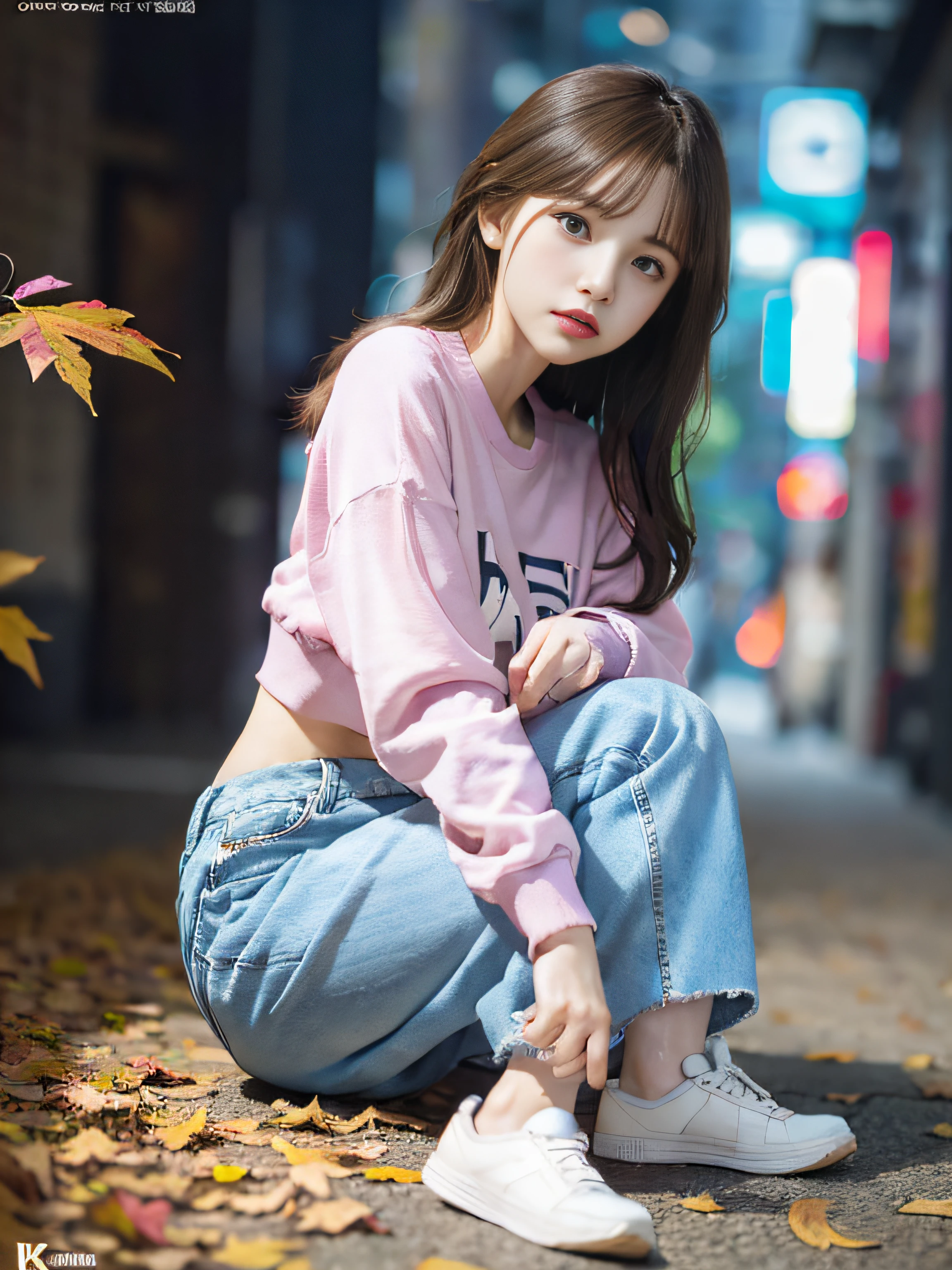 RAW image quality、8K分辨率、Ultra-high-definition CG images、Autumn leaves at night🍁、Moonlight、25 year old beautiful woman、Detailed beautiful eyes、Beautiful beautiful straight side sweep short hair、Clear skin, (Sporty Cyberpunk Complex Long Sleeve Streetwear)、Ultra Low Rise Short Denim Pants, Medium size、Susukihata、depth of fields、masutepiece、absurderes、24K Graphic Arts、Carefully drawn background、Composition with depth、sano、jumpy、