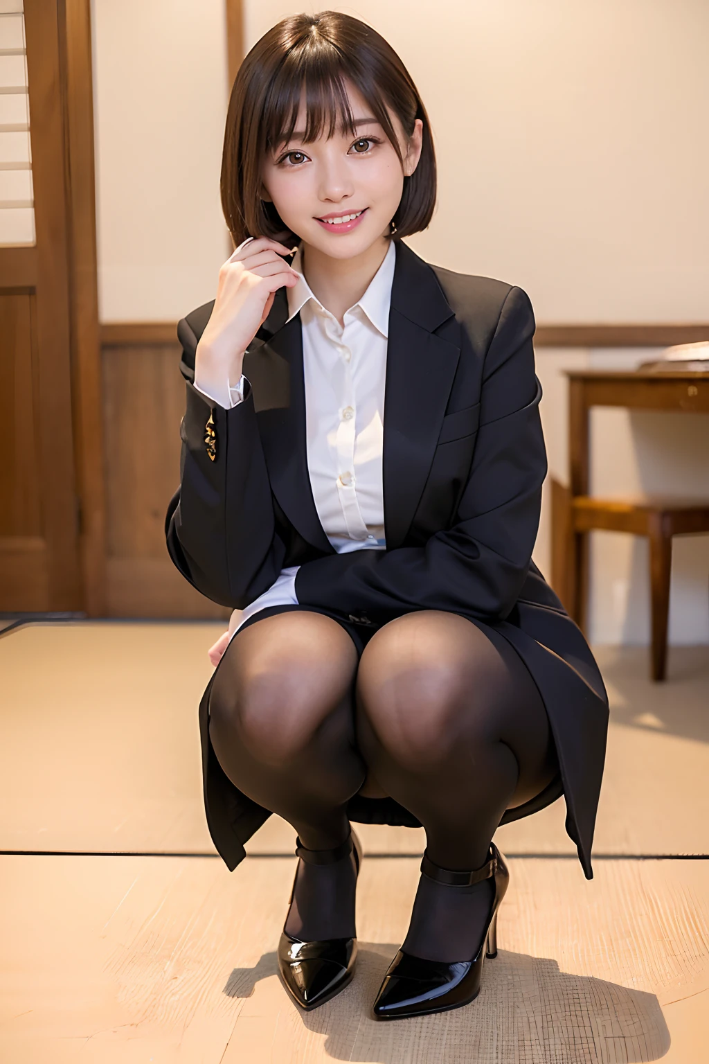 ((traditional Japanese room、On tatami mats))、A smile、(realisitic、Photorealsitic:1.37)、(masterpiece)、(top-quality:1.4)、(超A high resolution:1.2)、(Raw photography:1.2)、(foco nítido:1.3)、(Squat:1.2)、opens legs、elegent、(full body Esbian:1.2)、(One girl in a detailed pencil skirt and black suit jacket and white shirt:1.3)、(OL)、professionattire、high-heels、(24 year old:1.1)、(ssmile:1.3)、(Shine Hair:1.3)、 brown haired、bob cuts、 Short pencil skirt
(Colossal tits:1.2)、(Bright daytime indoors:1.2), shot from front、beautiful finely detailed eyes、 see the beholder,、(cute little)、(((high-heels)))