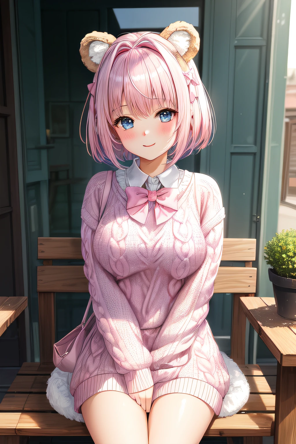 master piece, Best Quality, High resolution, Ultra-detailed, 1girl in, Late s, (A pink-haired), pale blue eyes, (White knitted sweater:2.0, Light knitted sweater, Fluffy animal ears, Bangs, Short hair, Bow, Hair Bow, pink bows, ssmile, (Brown bear ears), bob cuts, tits out, Morning Cafe, Sitting on a terrace seat,