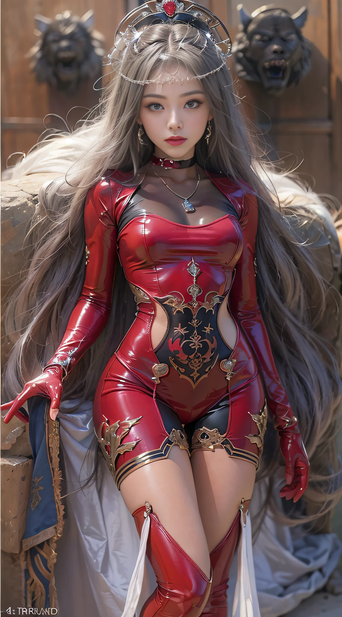 ((masterpiece:1.4)、(top-quality:1.4)、(reallistic:1.7))、Ultra-realistic portrait of the beautiful Martian queen by Luis Royo、Super beautiful girl queen、((1girl in:1.4))、Shiny natural skin texture、(Super Ultra Ultra Bikini)、(Very revealing sexy outfits)、(Glossy luxury latex:1.4)、(Luxury Red Latex Bodysuit:1.4)、By Luis Royo、age19、(Cute tattoos:1.4)、(Two arms:1.4、Two legs:1.4)、(perfect anatomia:1.4)、(Perfect female body:1.4)、(Upper body photography)、foco nítido、Portrait photo of a girl、Close-up photos、Fantasyart、Soft front light、beautiful countenance、kawaii faces、Beautiful udder、large full breasts:1.2、Beautiful ass、A detailed eye、Draw the eyes clearly, Beautiful and attractive eyes、beautidful eyes、Narrow waist、beauty legs、Raw photo、red-lips、Long hair is set like a queen in a cool way、(tiarra:1.4、a choker:1.4、a necklace:1.4、耳Nipple Ring:1.4)、1 screen display、Beautiful girl standing on the ruins of the ancient Martian kingdom