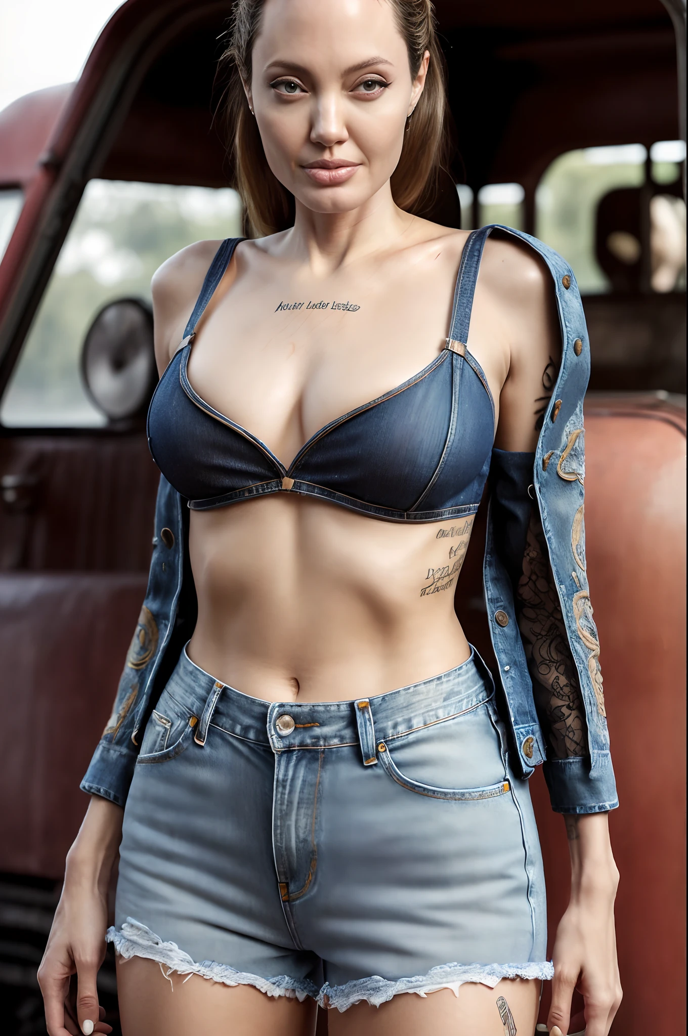 foto realista, (Angelina Jolie) in nature, (Far Angle: 1.3), Sexy, (Smile), (Tight-fitting denim shorts: 1.1), leather bodice, Shot with a DSLR camera, Detailed Face, big hips, amazing body, amazing legs, cinematic photography, (max detail), neutral colors, ((75mm)), ((Near the ice cream car)), ((Muted colors)), soft cinematic light, (Genuine leather on the face), ((natural skin)), ((Matte skin)), glare on the skin, ((flaws on the skin and face)), (Moles), (((Not perfect skin))), (((Not perfect skin on the face))), Complex background, Crazy detailing, intricate detials, (Hyper Detail), lace red panties